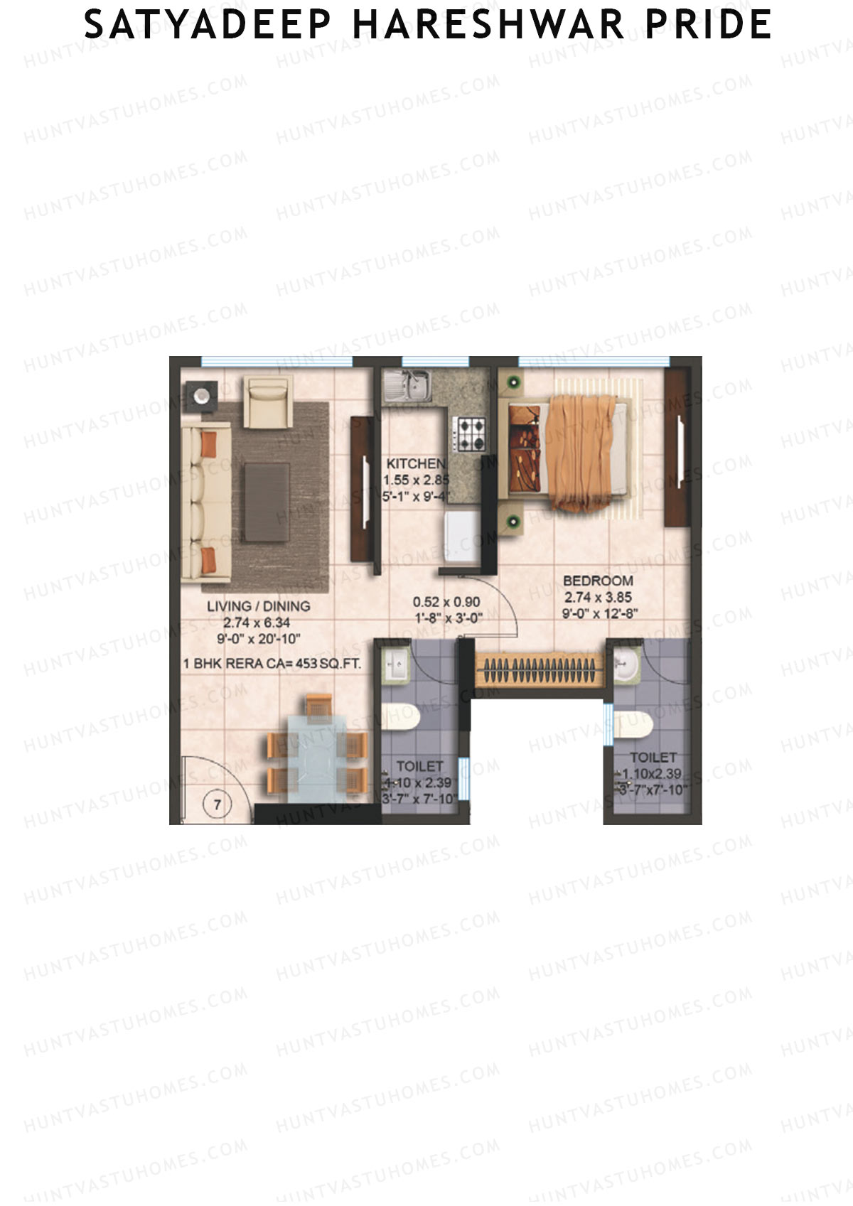 Satyadeep Hareshwar Pride, Tower A, Unit 7, 1BHK, Carpet Area 453   sq ft 
