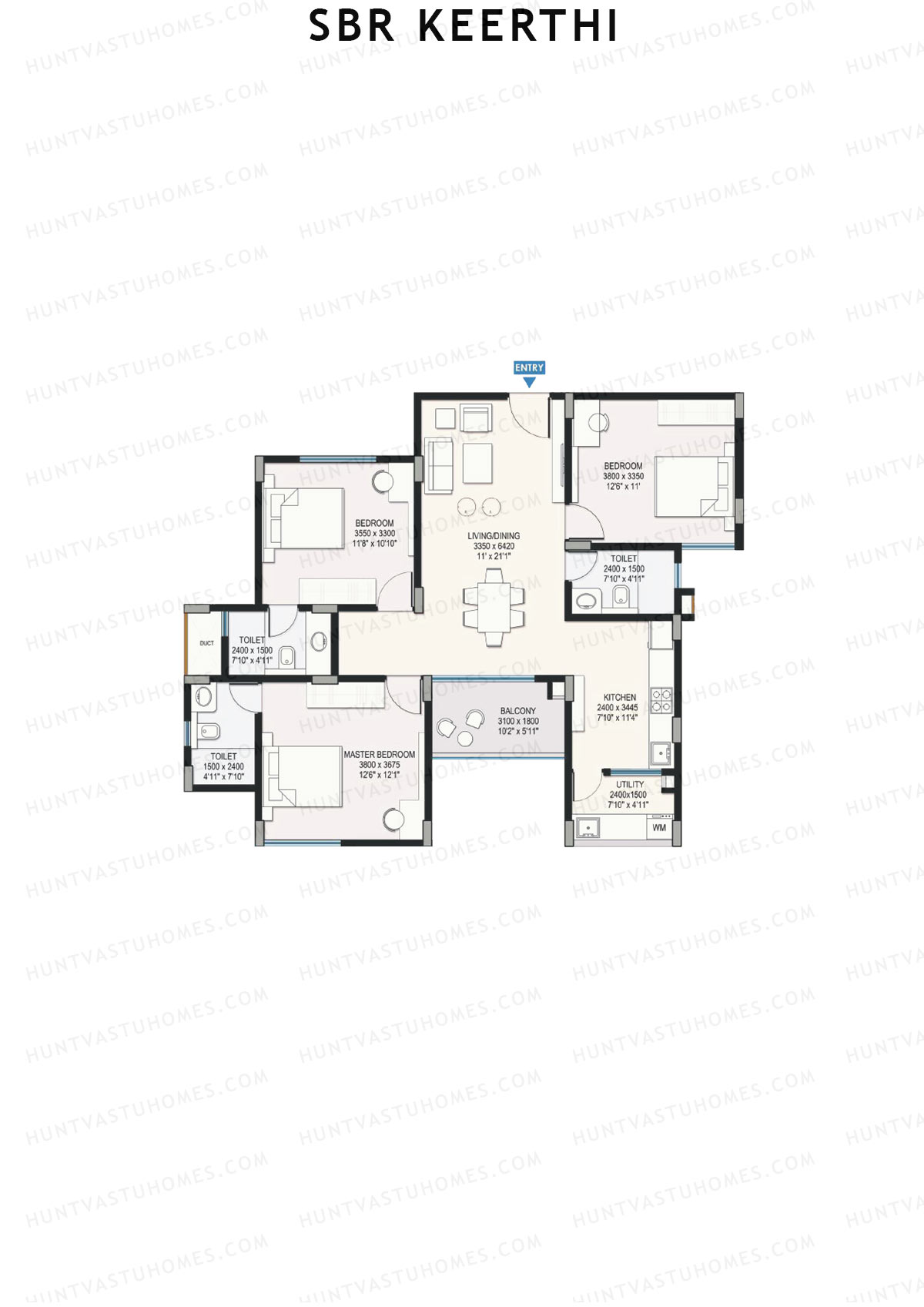 SBR Keerthi, Tower A, Unit 1 (Type 1A), 3BHK, Super Area 1517   sq ft 