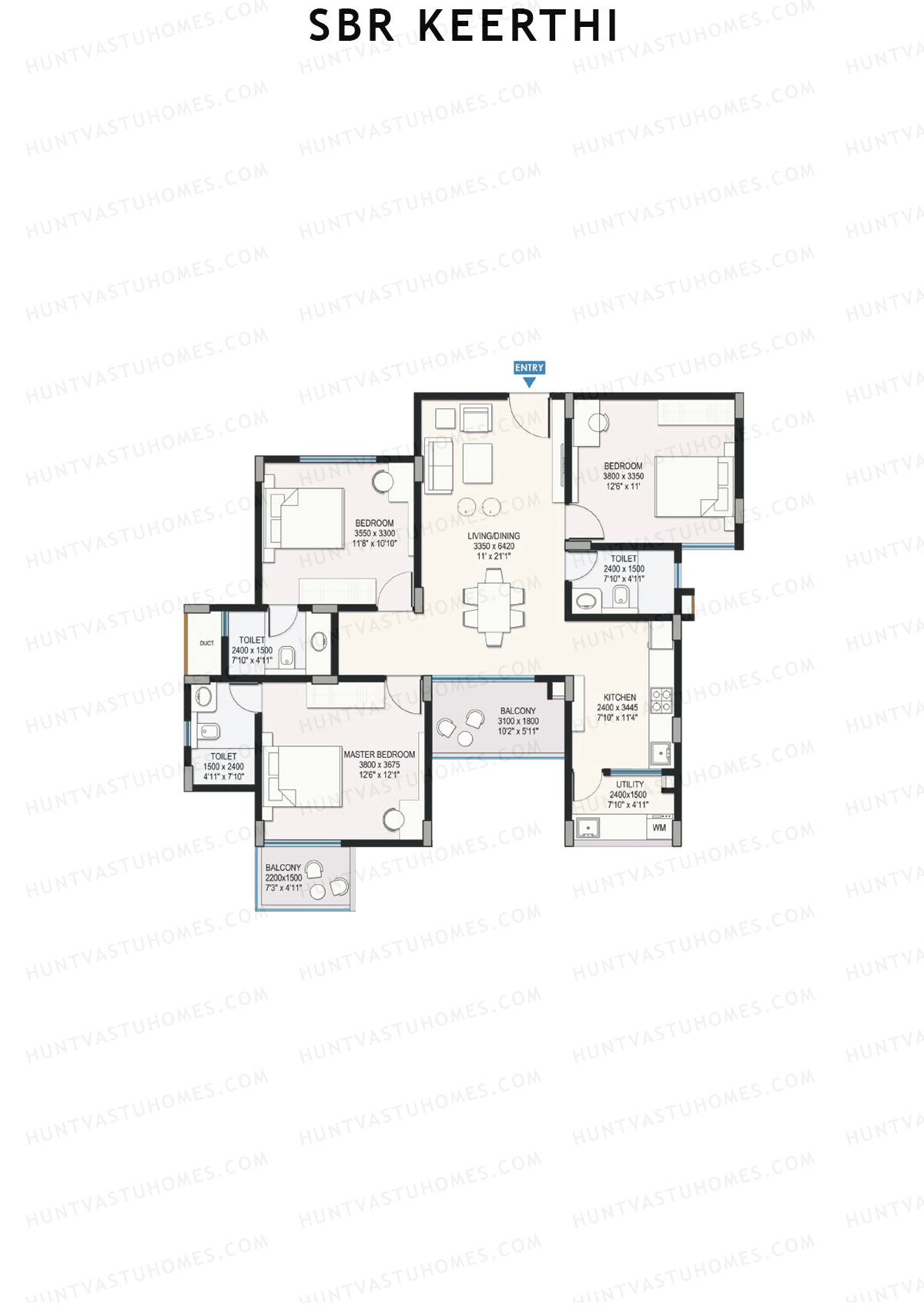 SBR Keerthi, Tower A, Unit 1 (Type 1B), 3BHK, Super Area 1576   sq ft 