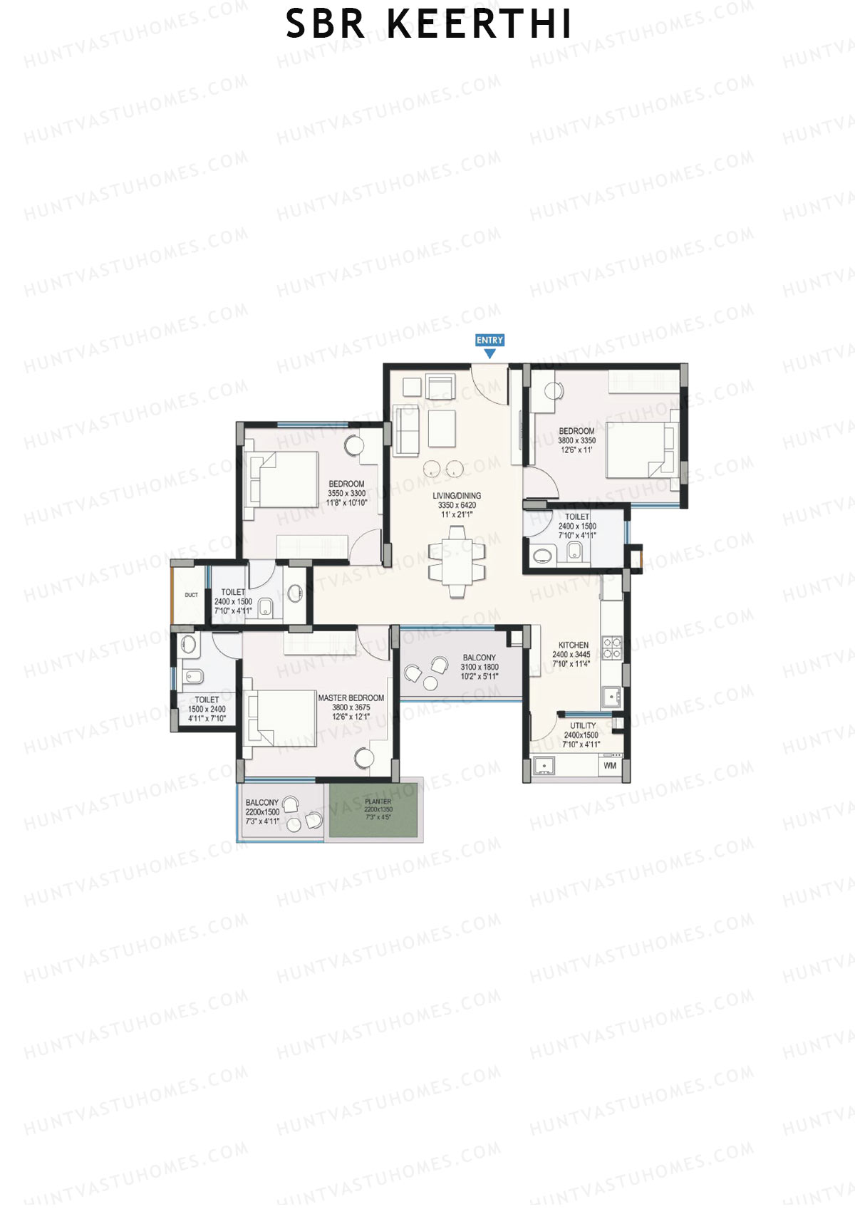 SBR Keerthi, Tower A, Unit 1 (Type 1C), 3BHK, Super Area 1595   sq ft 