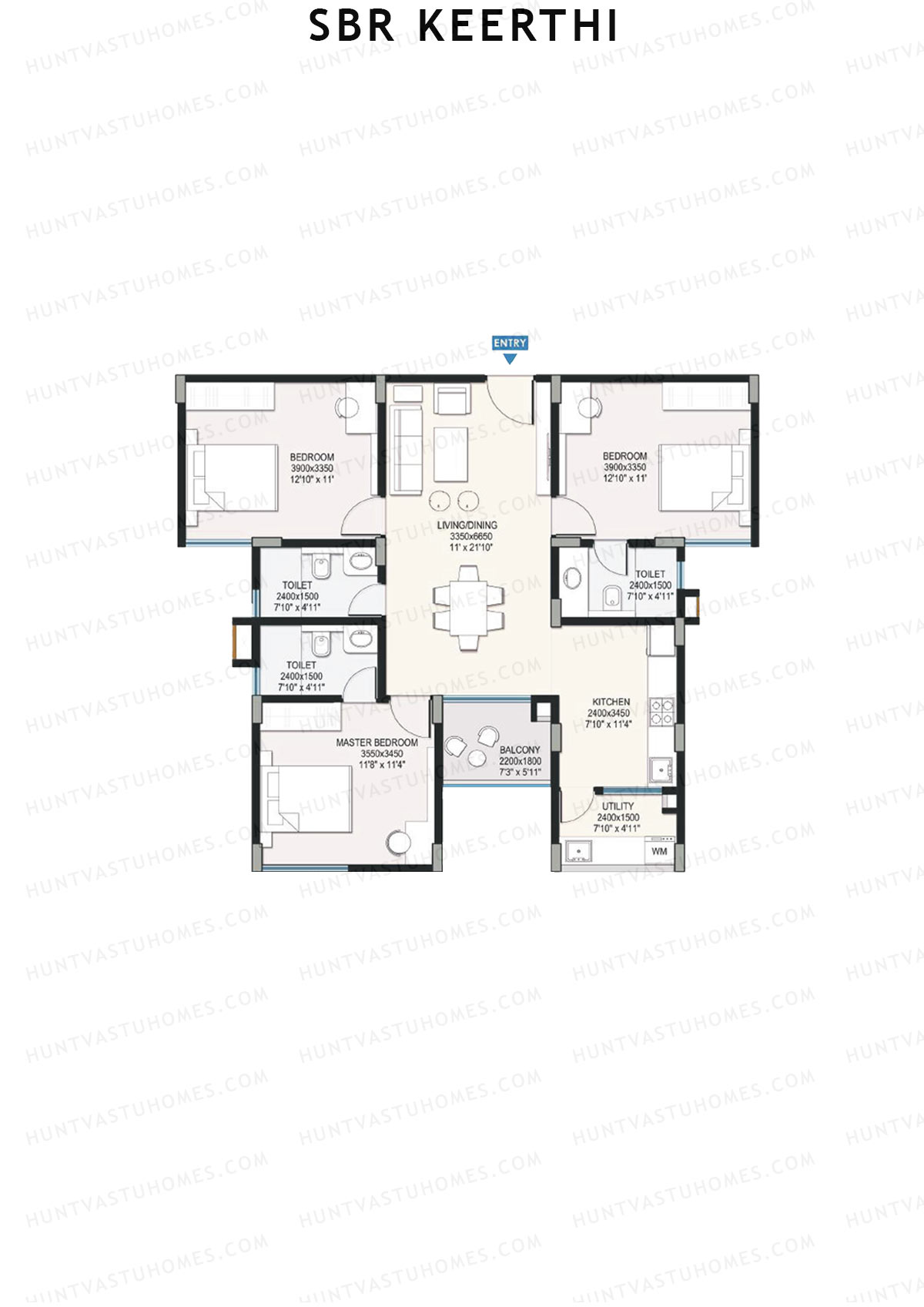 SBR Keerthi, Tower A, Unit 3 (Type 3A), 3BHK, Super Area 1453   sq ft 