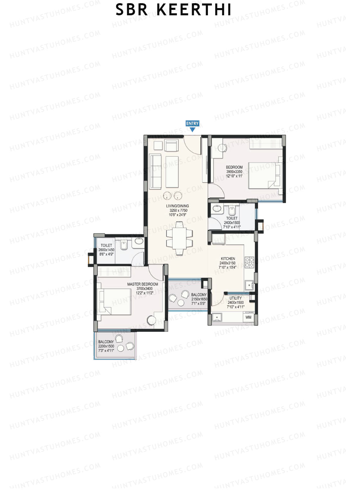 SBR Keerthi, Tower A, Unit 5 (Type 2B), 2BHK, Super Area 1237   sq ft 