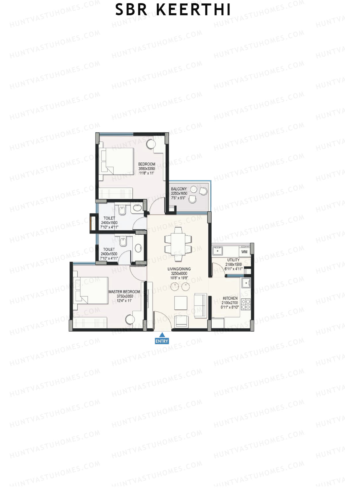 SBR Keerthi, Tower A, Unit 7 (Type 6A), 2BHK, Super Area 1076   sq ft 