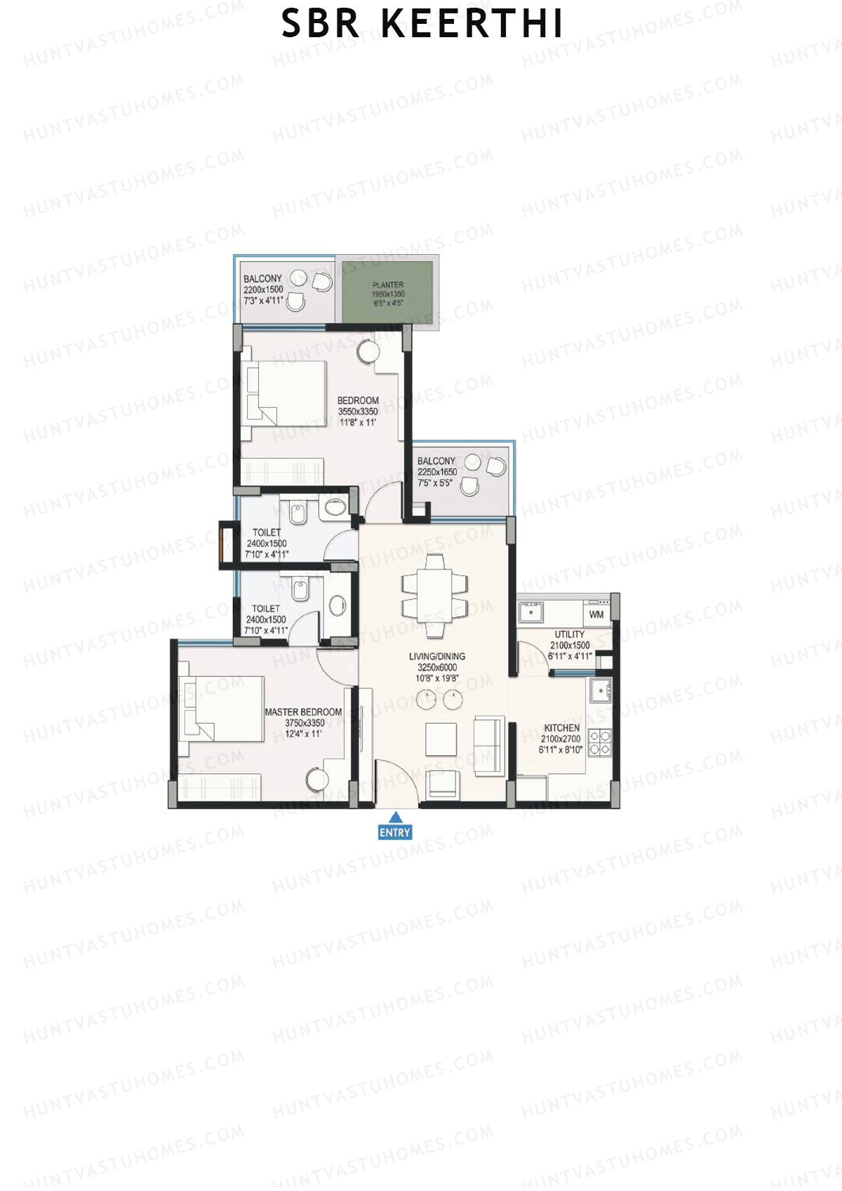 SBR Keerthi, Tower A, Unit 8 (Type 6C), 2BHK, Super Area 1171   sq ft 