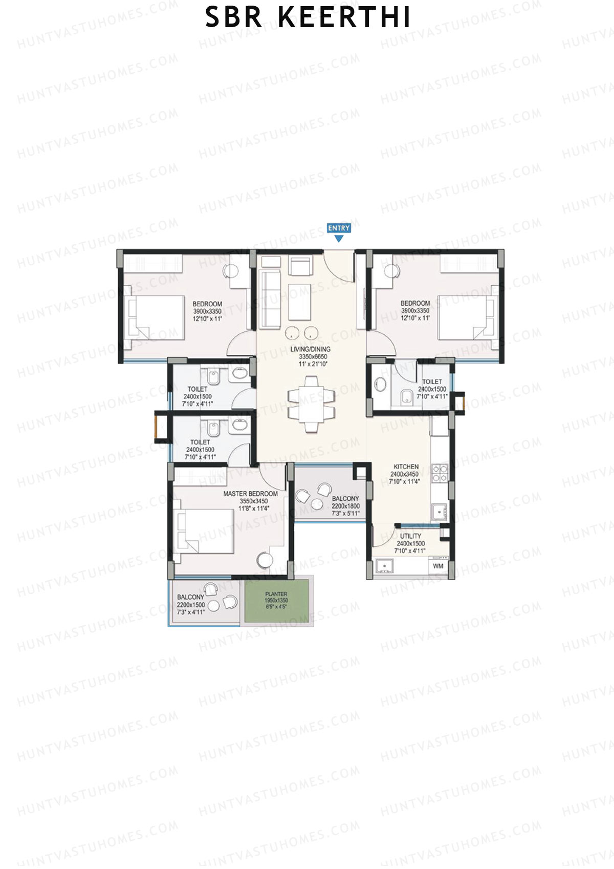 SBR Keerthi, Tower B, Unit 1 (Type 3C), 3BHK, Super Area 1551   sq ft 