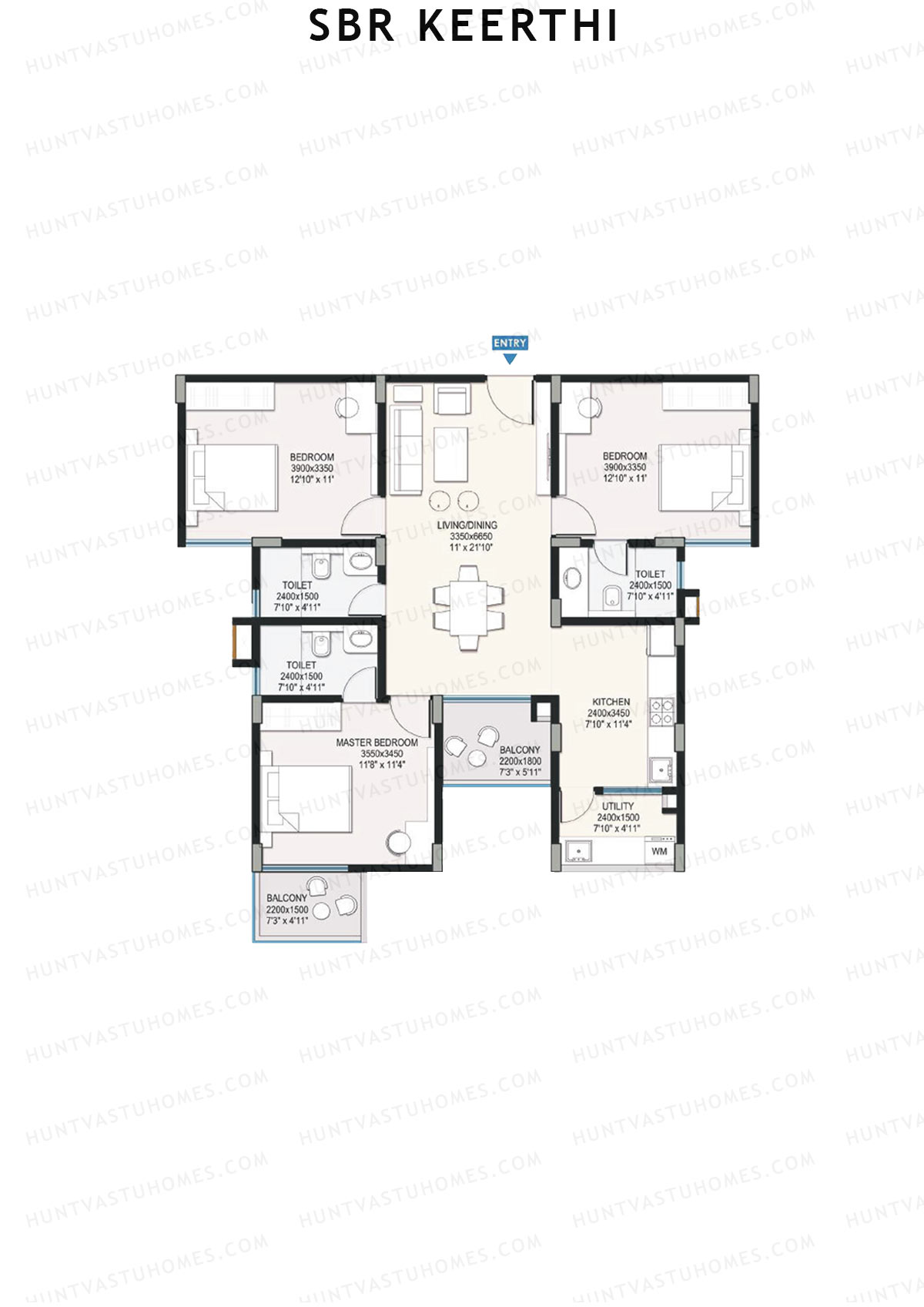 SBR Keerthi, Tower B, Unit 3 (Type 3B), 3BHK, Super Area 1506   sq ft 