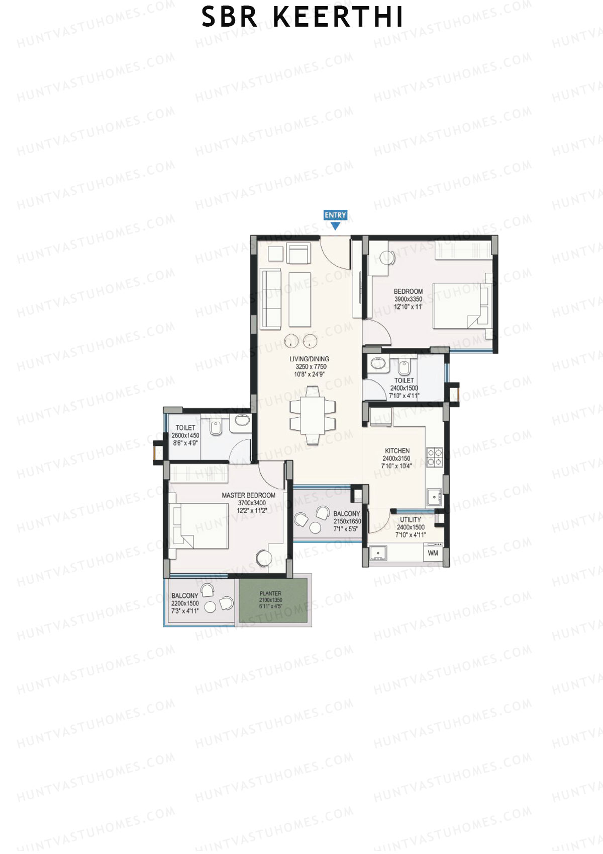 SBR Keerthi, Tower B, Unit 4 (Type 2C), 2BHK, Super Area 1288   sq ft 