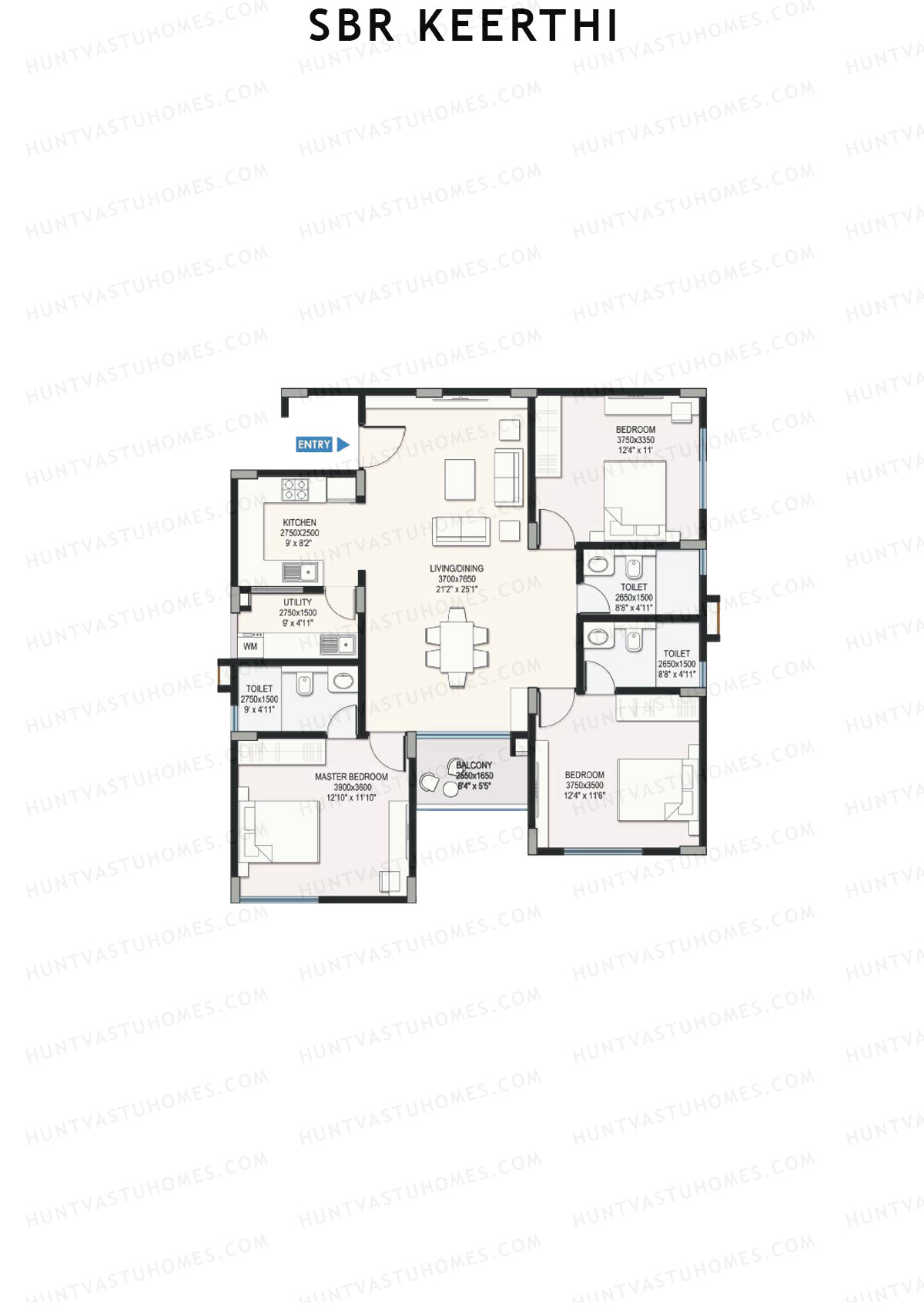 SBR Keerthi, Tower B, Unit 5 (Type 4A), 3BHK, Super Area 1625   sq ft 