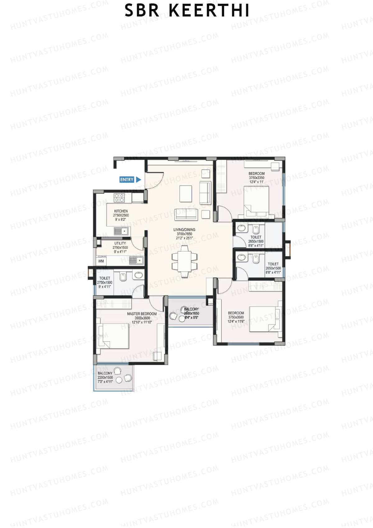 SBR Keerthi, Tower B, Unit 5 (Type 4B), 3BHK, Super Area 1679   sq ft 
