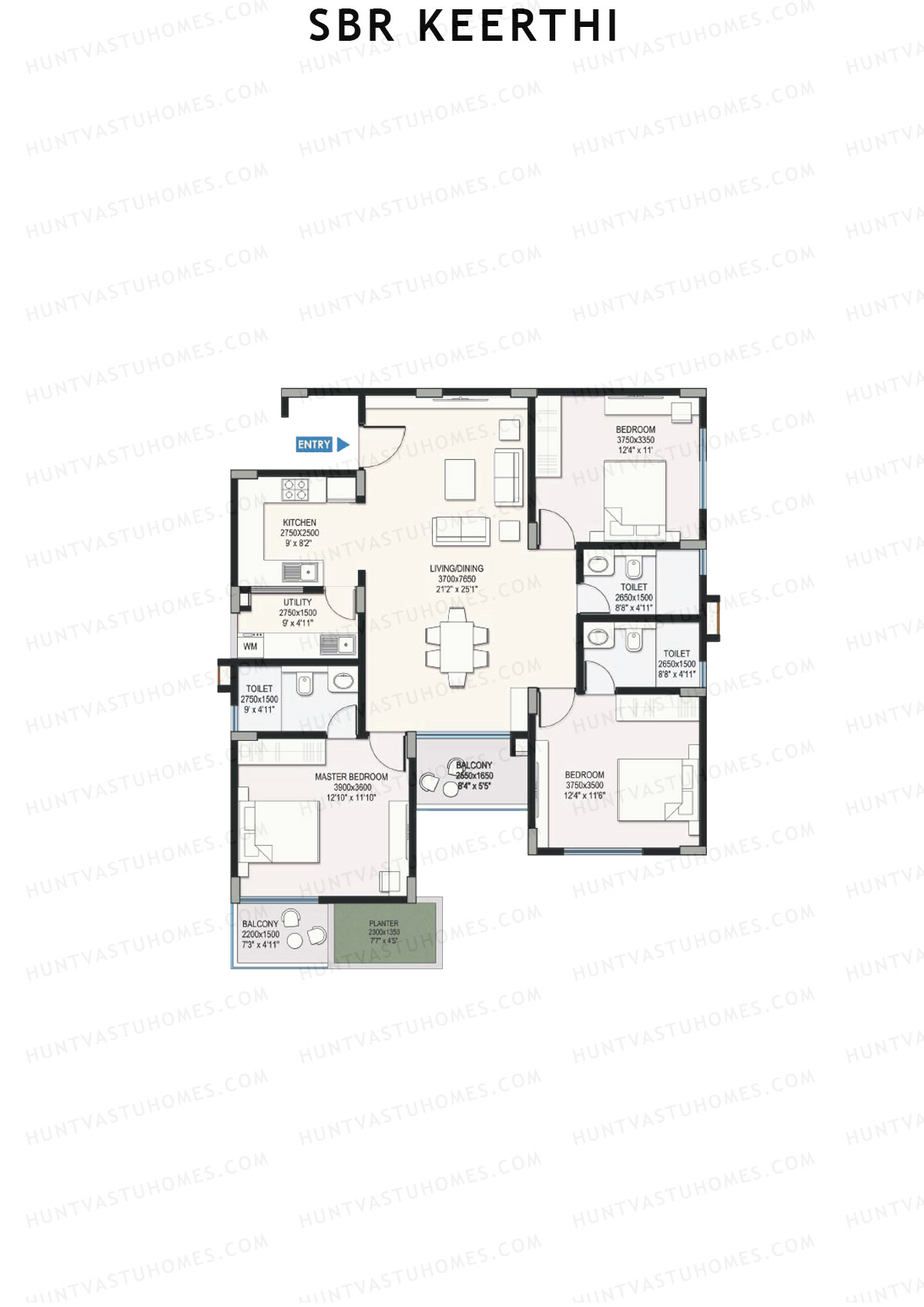 SBR Keerthi, Tower B, Unit 5 (Type 4C), 3BHK, Super Area 1741   sq ft 
