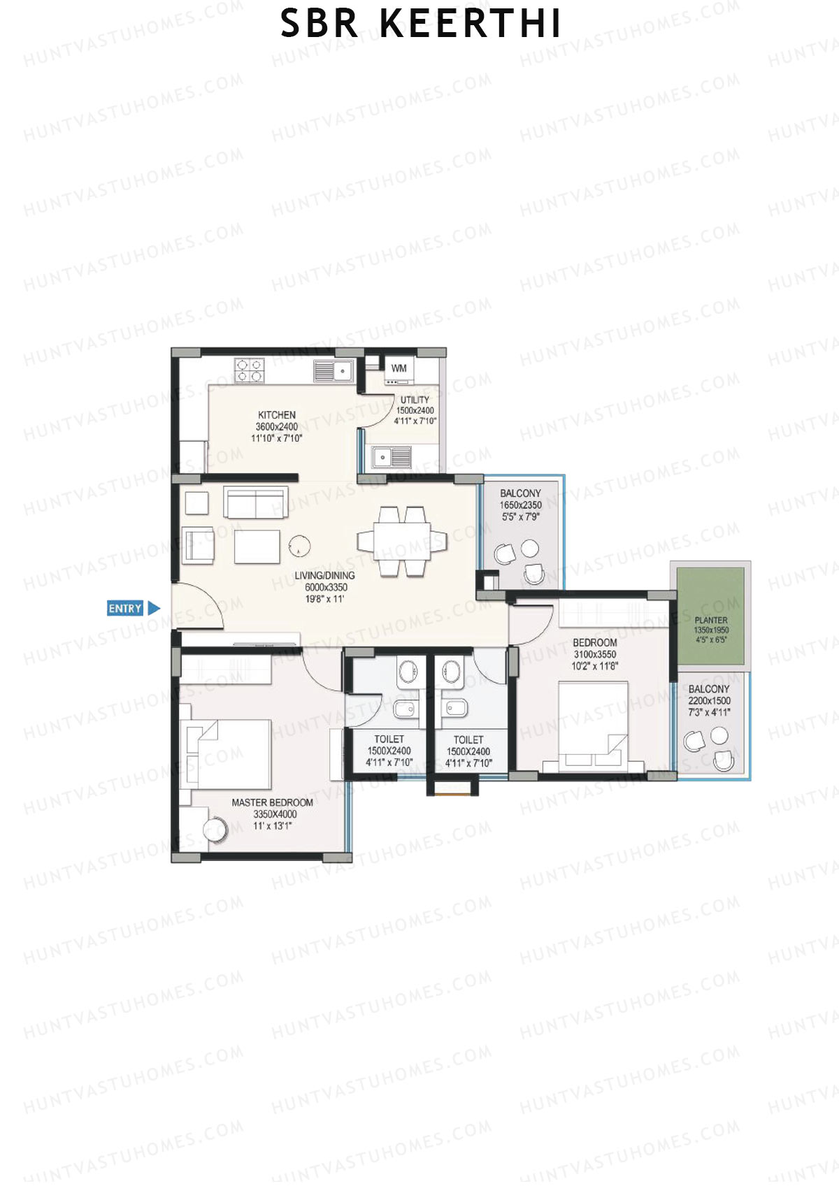 SBR Keerthi, Tower B, Unit 6 (Type 5C), 2BHK, Super Area 1244   sq ft 