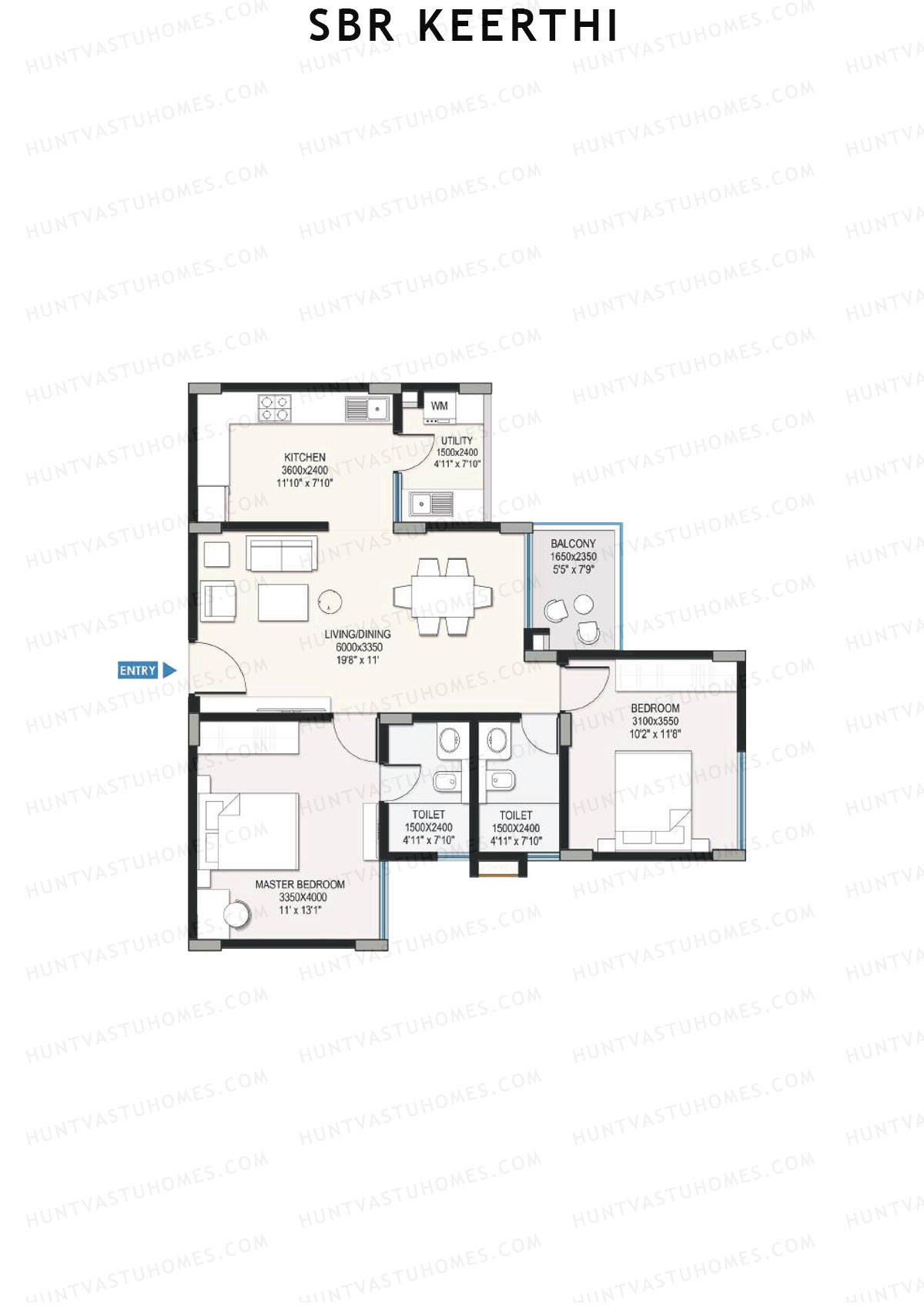 SBR Keerthi, Tower B, Unit 7 (Type 5A), 2BHK, Super Area 1141   sq ft 
