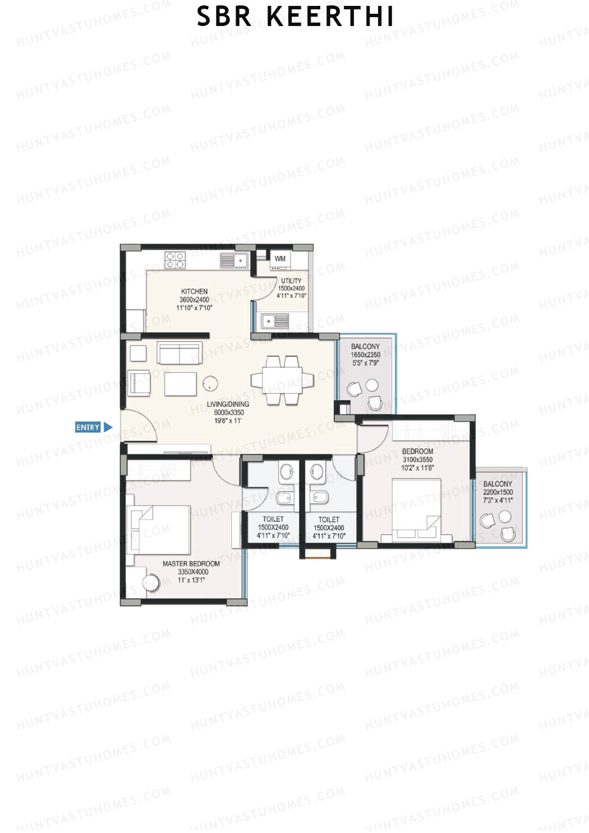 SBR Keerthi, Tower B, Unit 7 (Type 5B), 2BHK, Super Area 1197   sq ft 