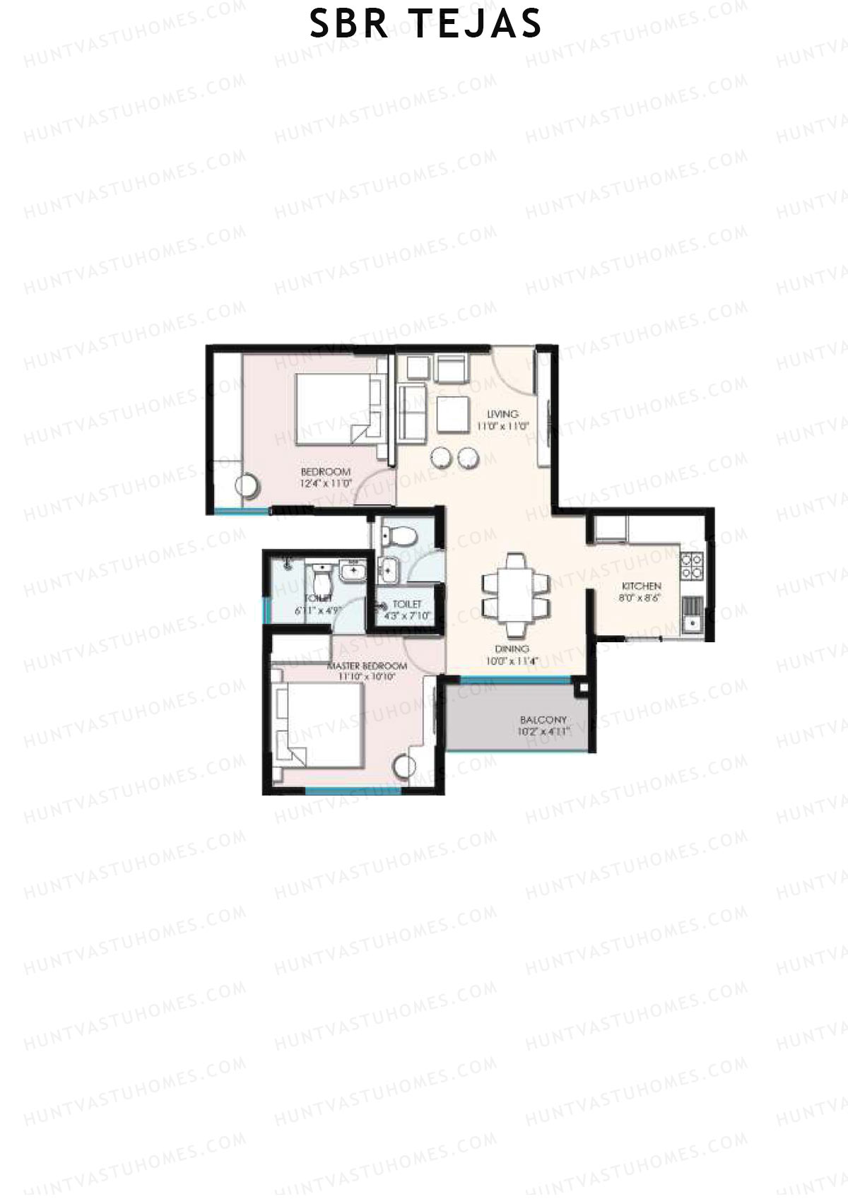 SBR Tejas, Block Tejas, Unit 1 (Type 1A), 2BHK, Super Area 990   sq ft 