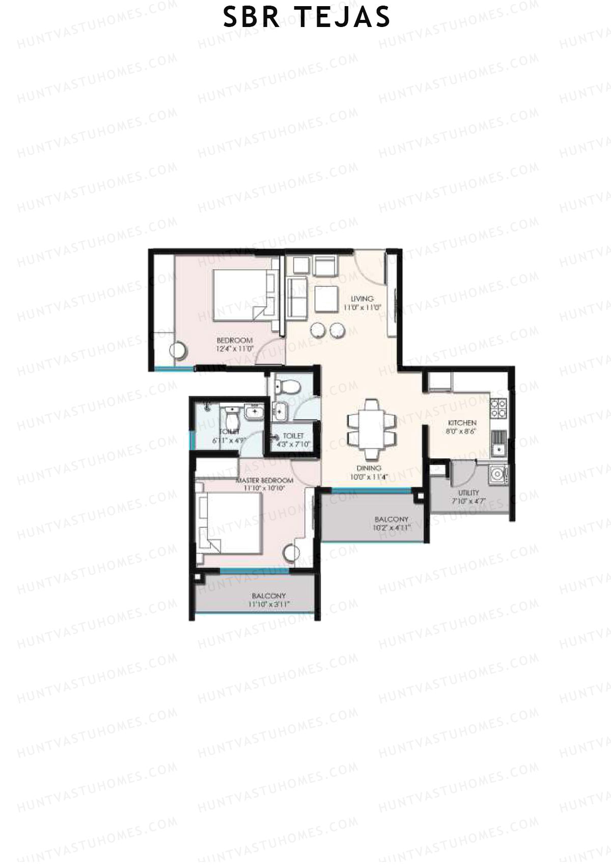 SBR Tejas, Block Tejas, Unit 1 (Type 1B), 2BHK, Super Area 1114   sq ft 