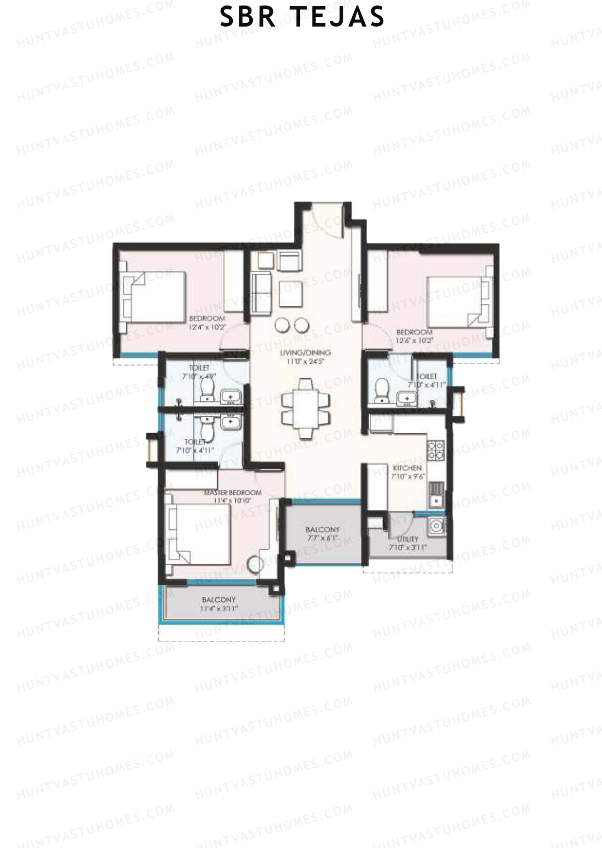 SBR Tejas, Block Tejas, Unit 2 (Type 2A), 3BHK, Super Area 1421   sq ft 