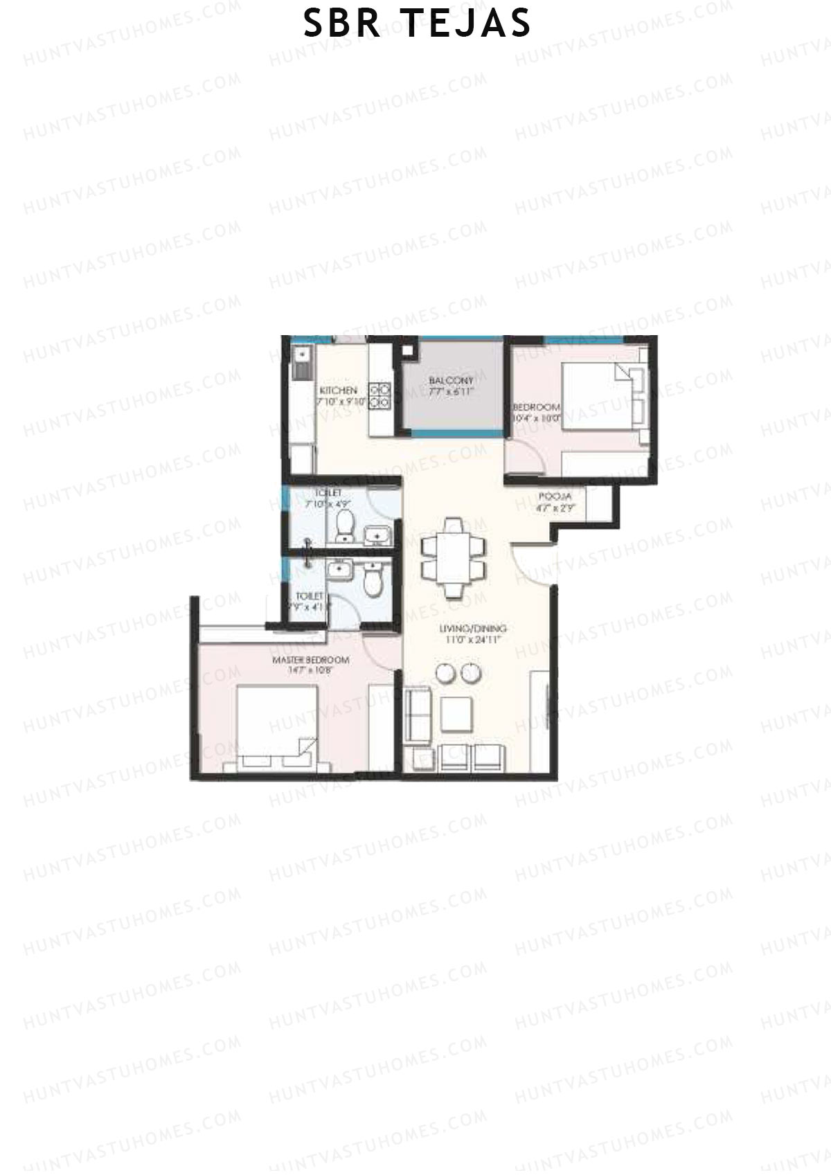 SBR Tejas, Block Tejas, Unit 6 (Type 4A), 2BHK, Super Area 1098   sq ft 