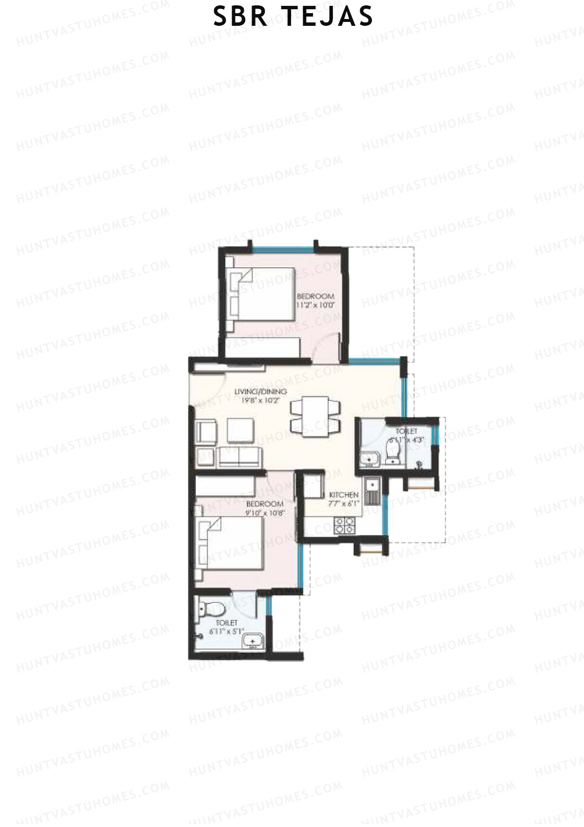 SBR Tejas, Block Tejas, Unit 8 (Type 6A), 2BHK, Super Area 732   sq ft 