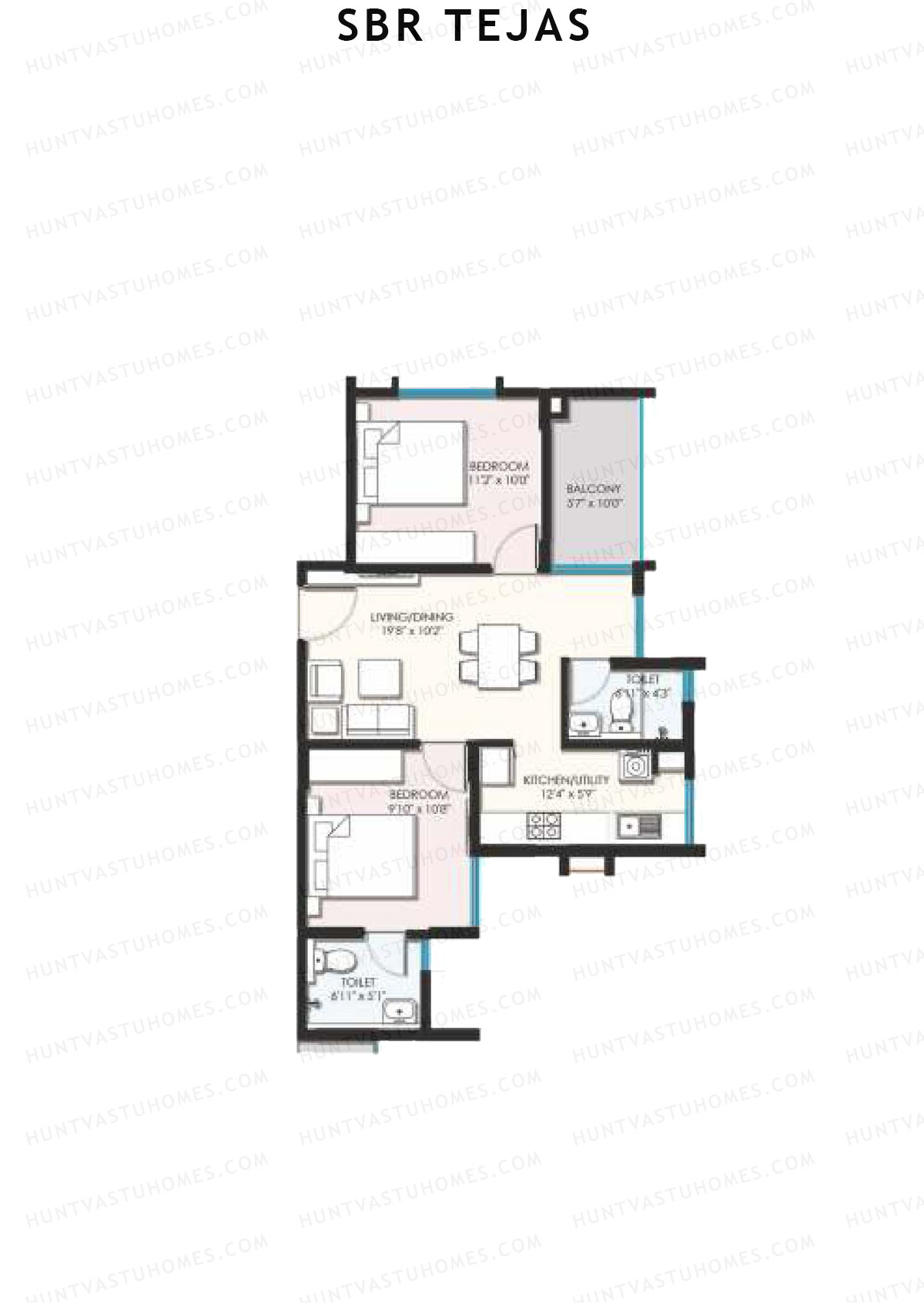 SBR Tejas, Block Tejas, Unit 8 (Type 6B), 2BHK, Super Area 856   sq ft 