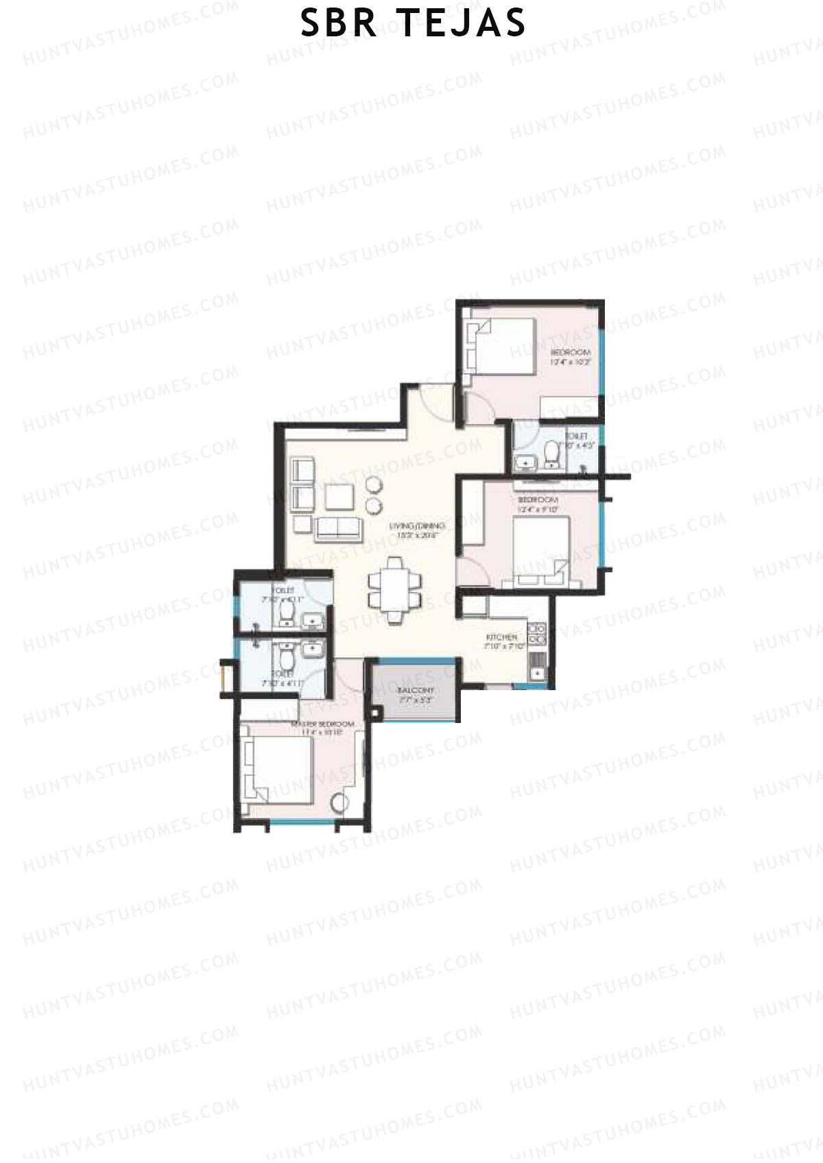 SBR Tejas, Block Tejas, Unit 9 (Type 7A), 3BHK, Super Area 1313   sq ft 
