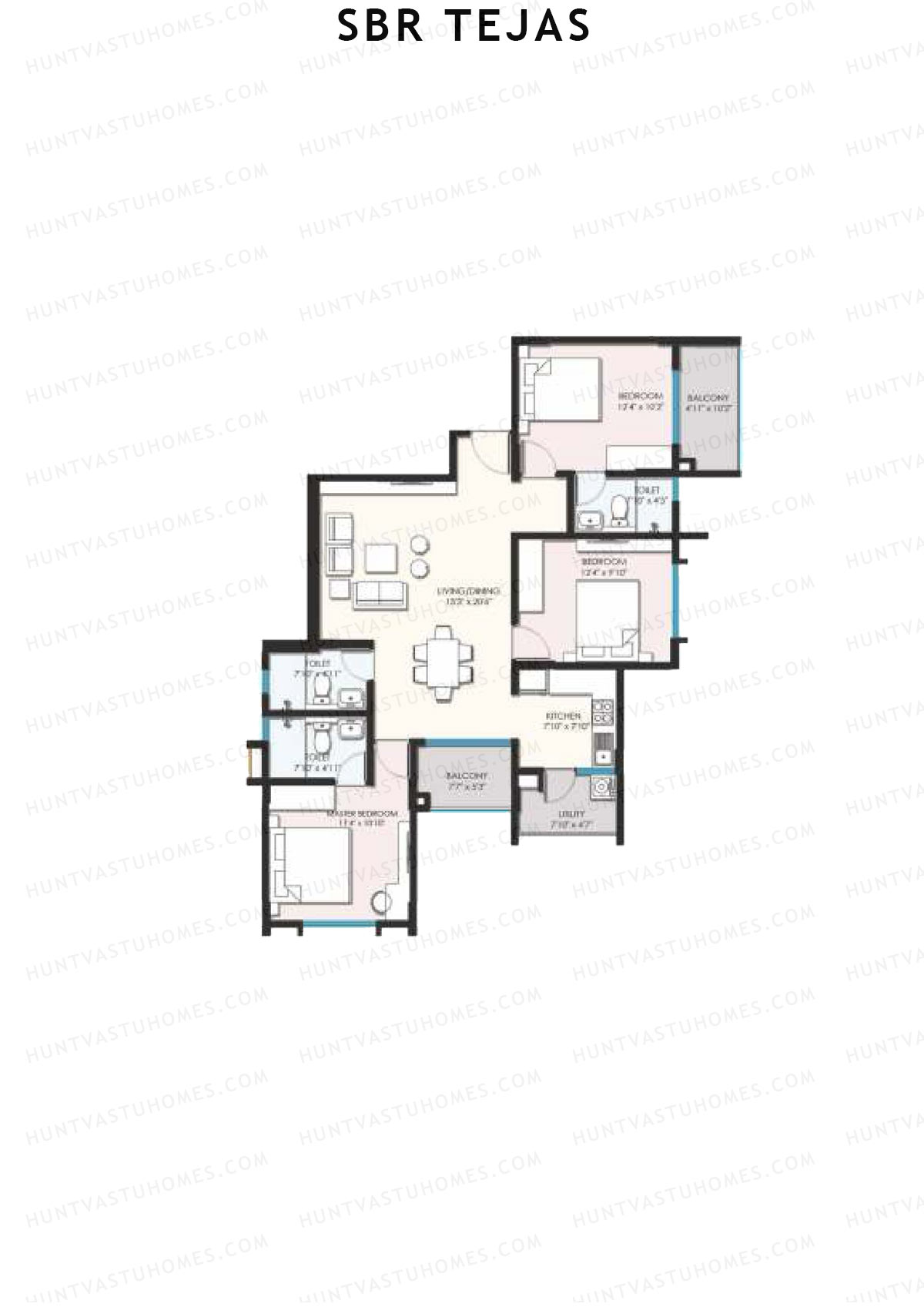 SBR Tejas, Block Tejas, Unit 9 (Type 7B), 3BHK, Super Area 1448   sq ft 