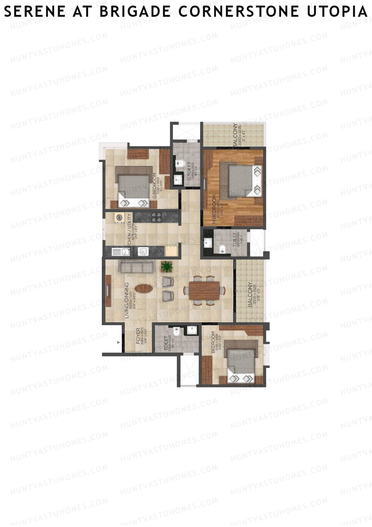 Serene at Brigade Cornerstone Utopia, Tower D, Unit 1, 3BHK, Super Area 1645   sq ft 