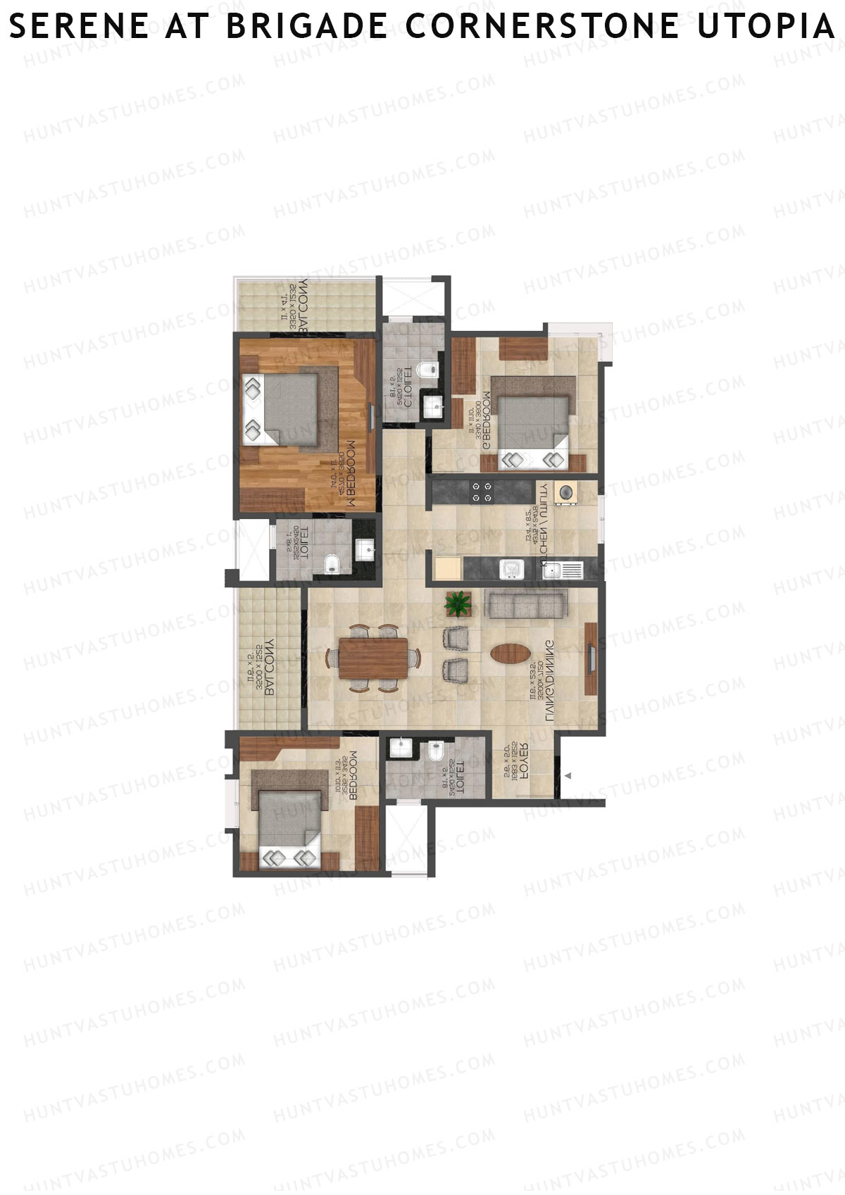 Serene at Brigade Cornerstone Utopia, Tower D, Unit 6, 3BHK, Super Area 1645   sq ft 