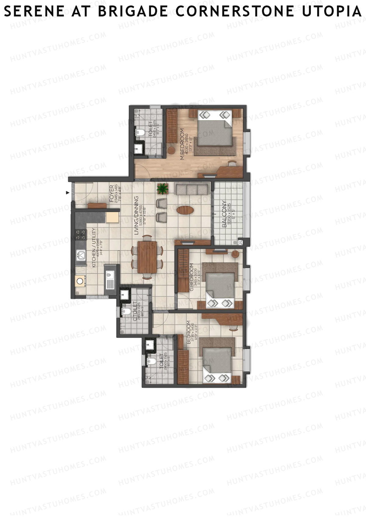 Serene at Brigade Cornerstone Utopia, Tower H, Unit 2 , 3BHK, Super Area 1538   sq ft 