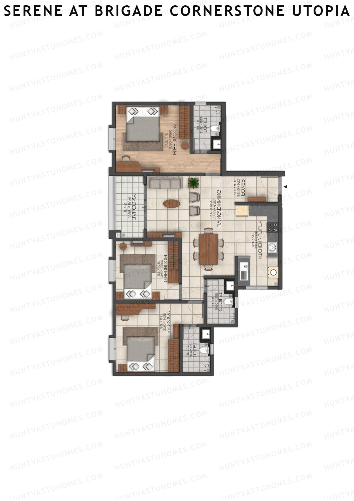 Serene at Brigade Cornerstone Utopia, Tower H, Unit 3 , 3BHK, Super Area 1538   sq ft 