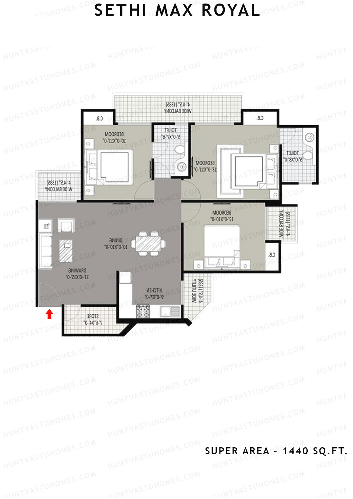 Sethi Max Royal Tower A Unit 1 (Type II-3BHK) Floor Plan