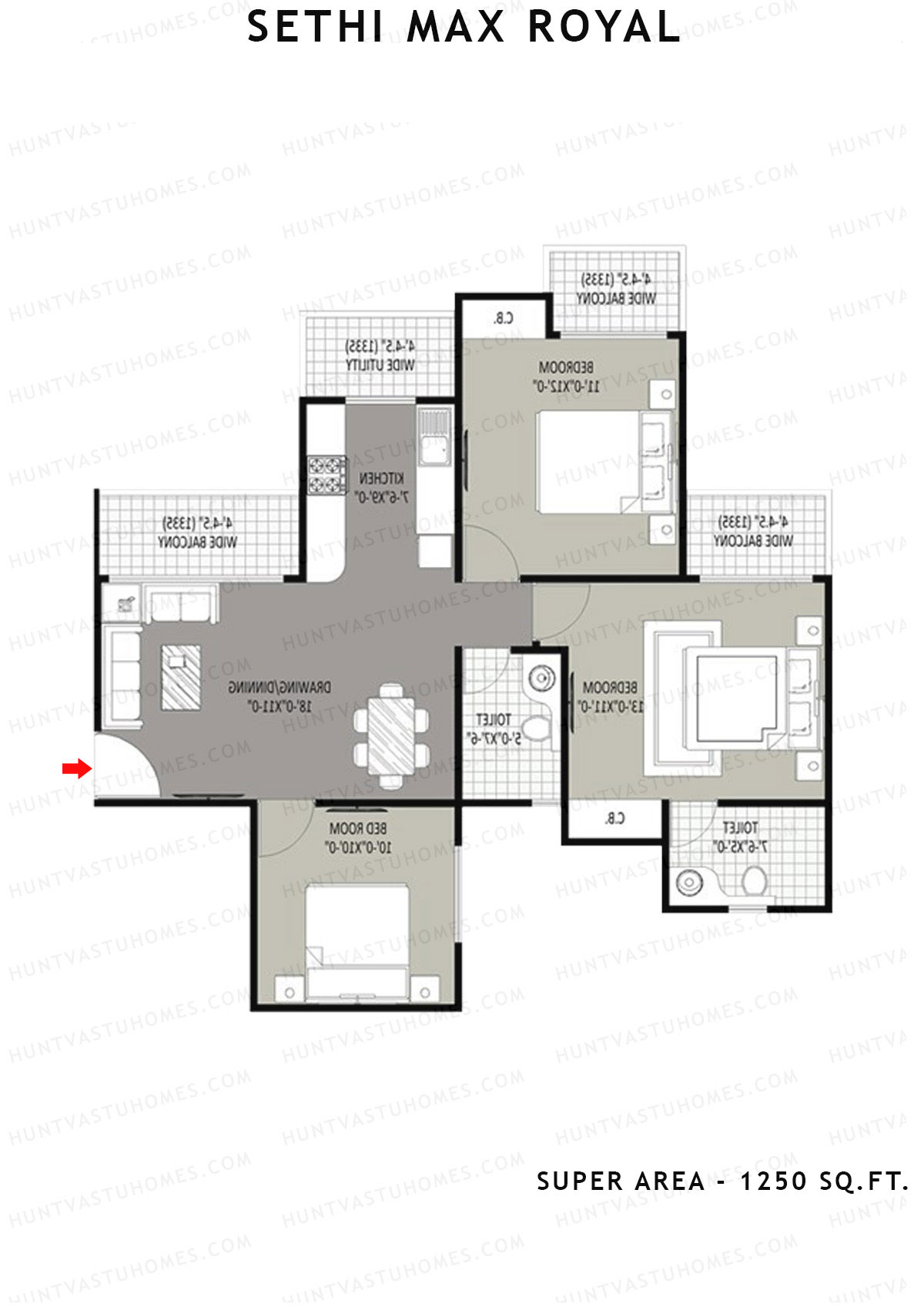 Sethi Max Royal Tower B Unit 1 (Type I-3BHK) Floor Plan