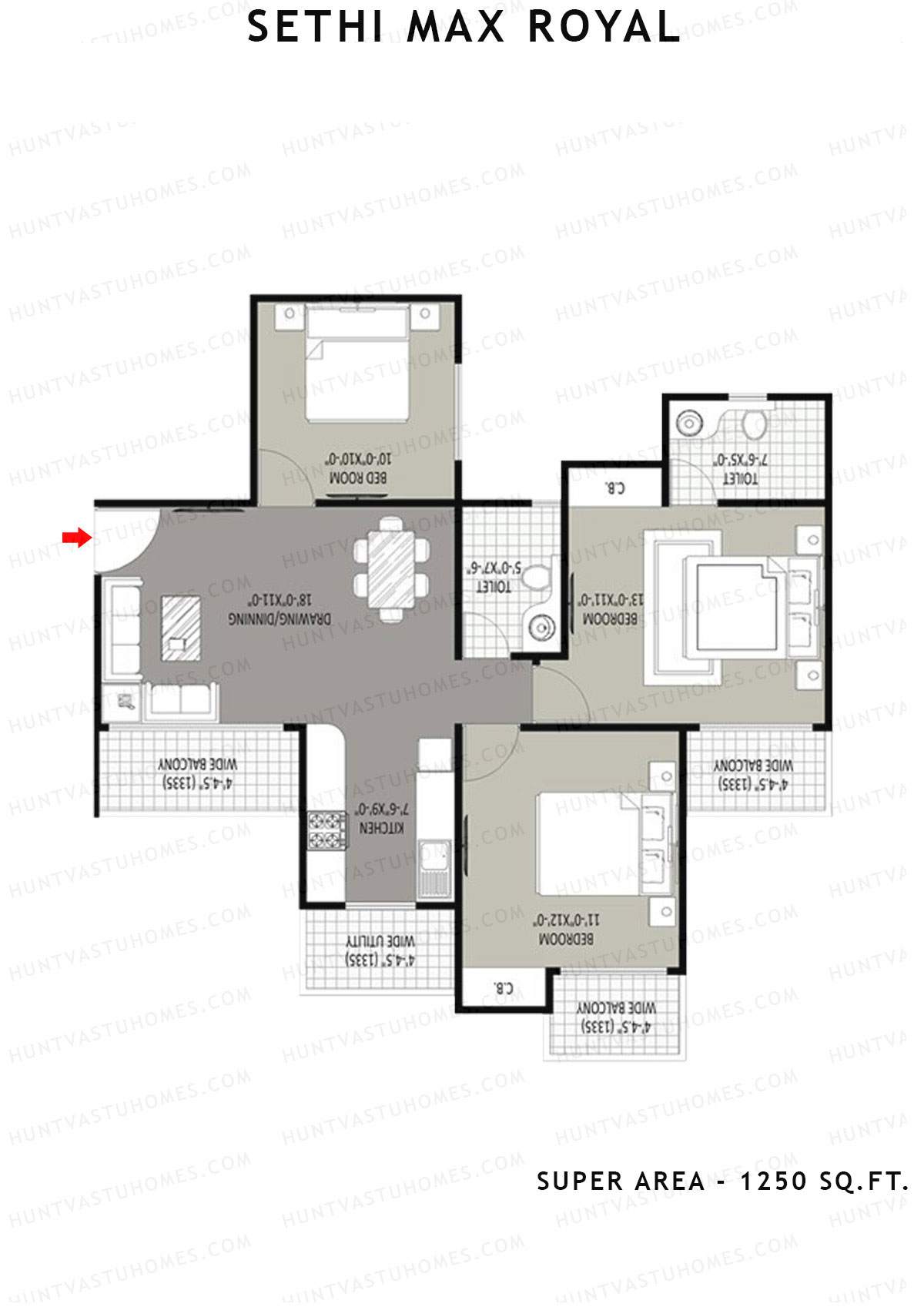 Sethi Max Royal Tower B Unit 2 (Type I-3BHK) Floor Plan