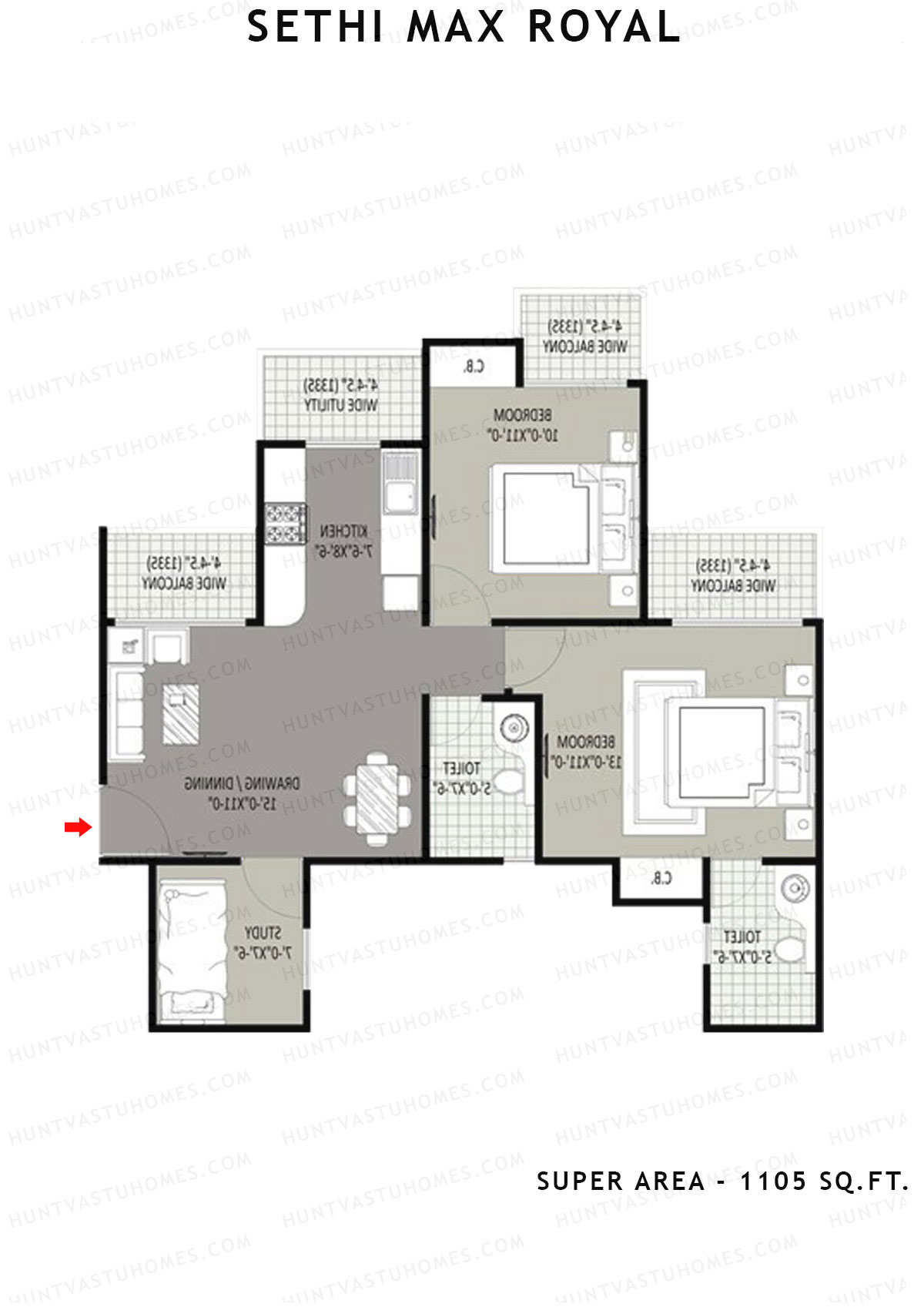 Sethi Max Royal Tower C Unit 1 (Type II-2BHK) Floor Plan