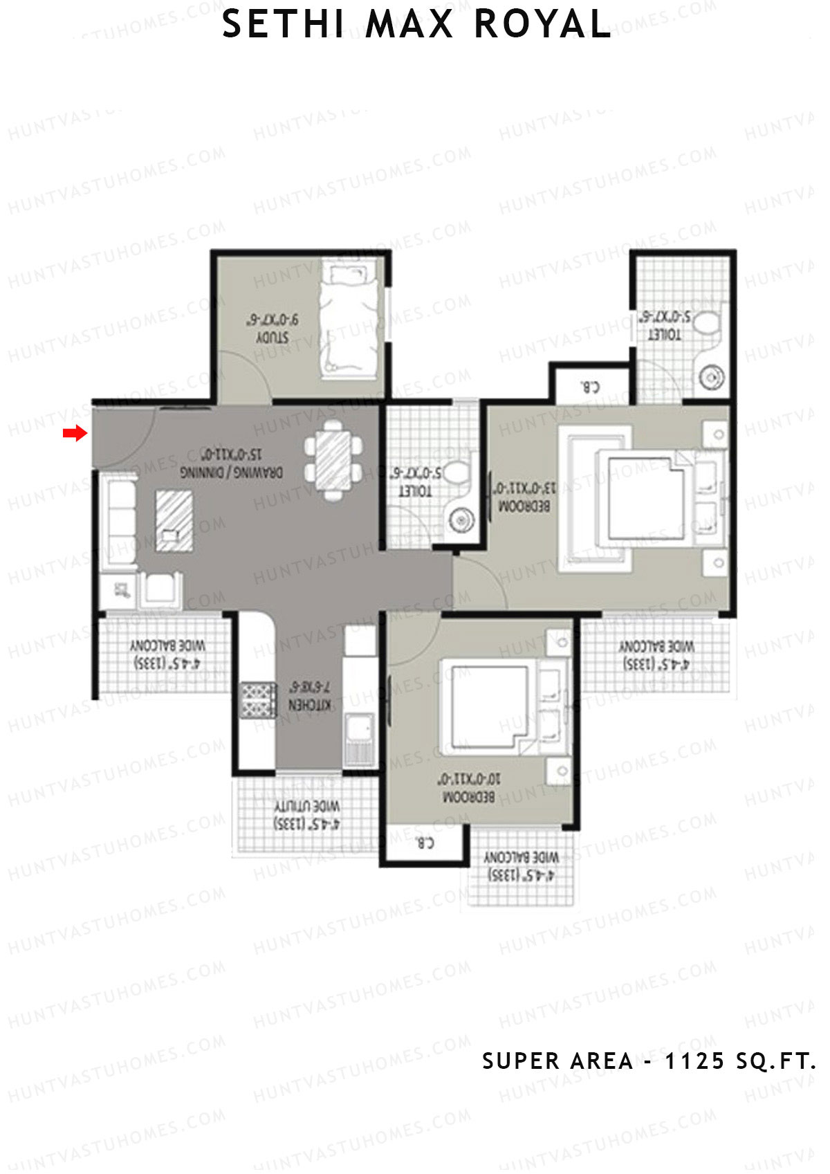 Sethi Max Royal Tower C Unit 2 (Type III-2BHK) Floor Plan