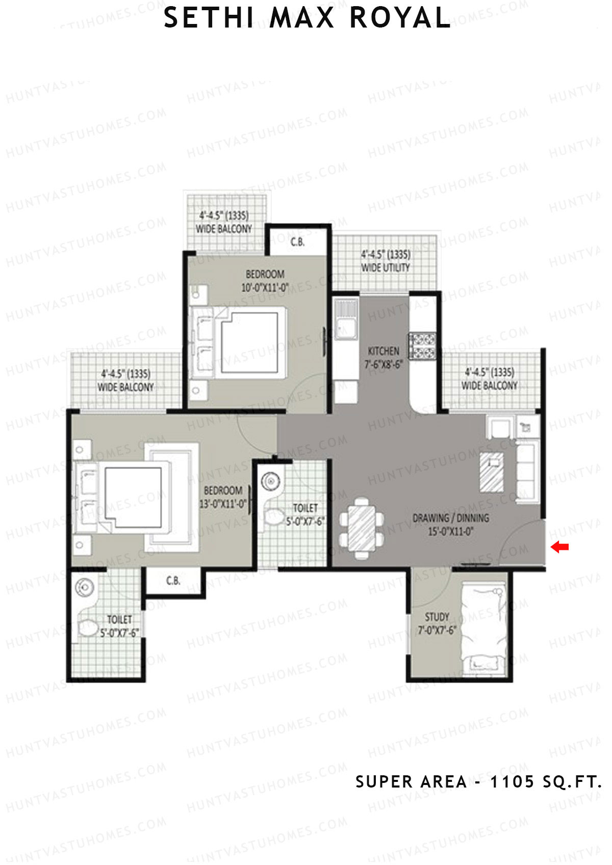 Sethi Max Royal Tower C Unit 4 (Type II-2BHK) Floor Plan
