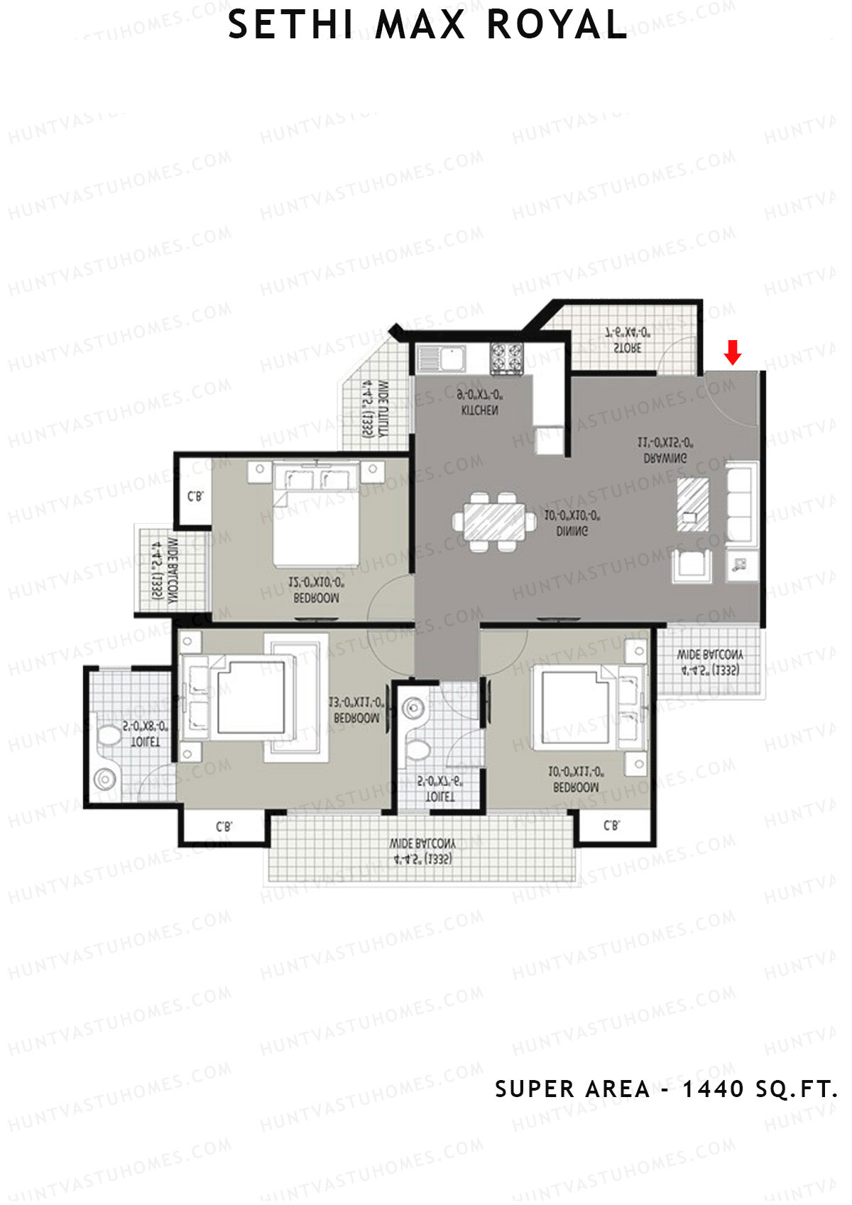 Sethi Max Royal Tower D Unit 3 (Type II-3BHK) Floor Plan