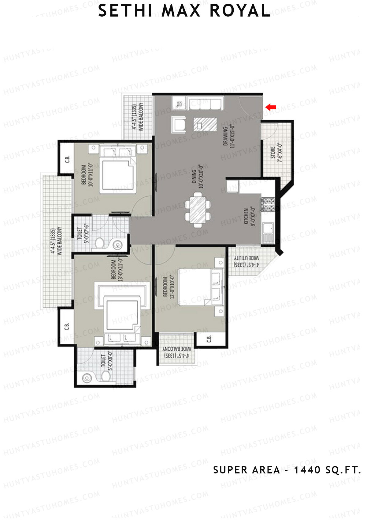 Sethi Max Royal Tower D Unit 4 (Type II-3BHK) Floor Plan