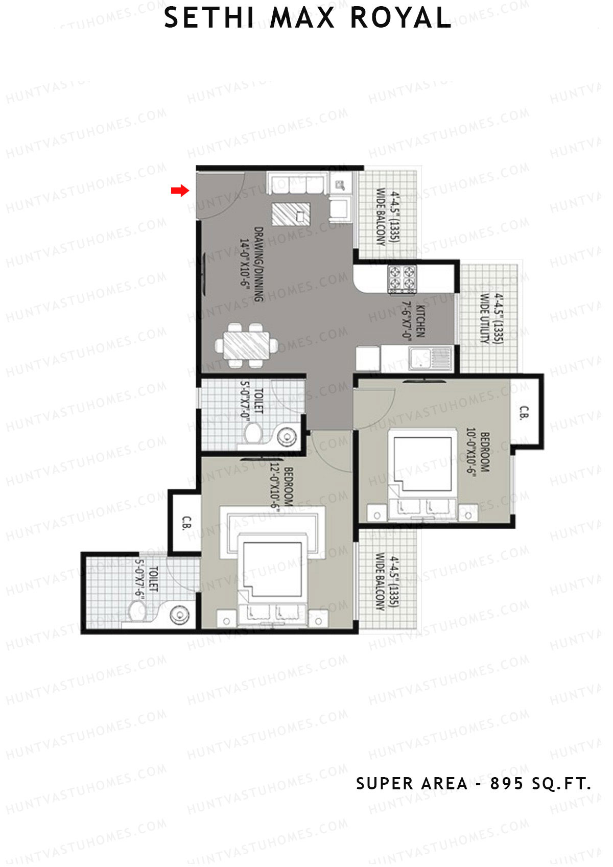 Sethi Max Royal Tower F Unit 1 (Type I-2BHK) Floor Plan