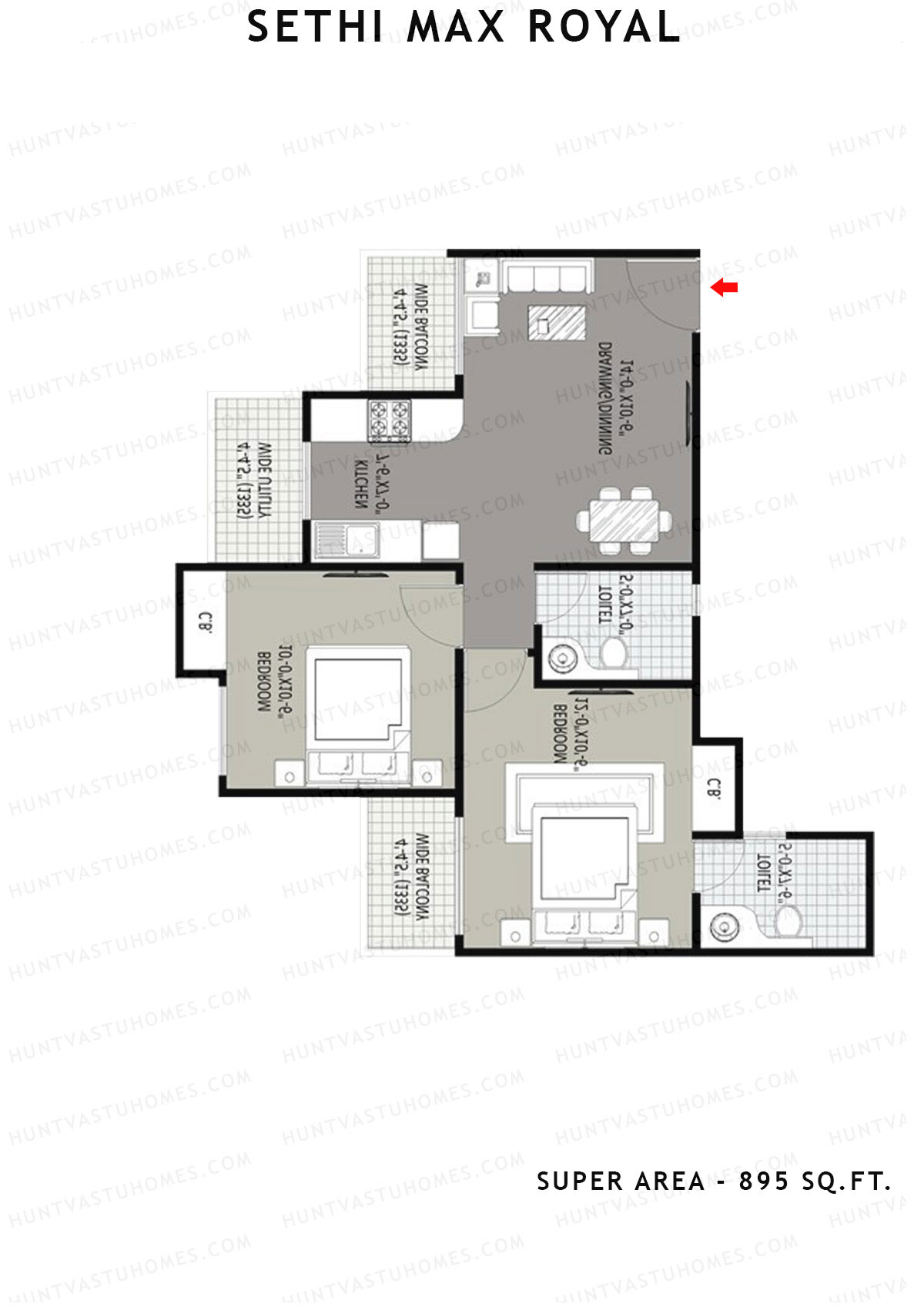Sethi Max Royal Tower F Unit 2 (Type I-2BHK) Floor Plan
