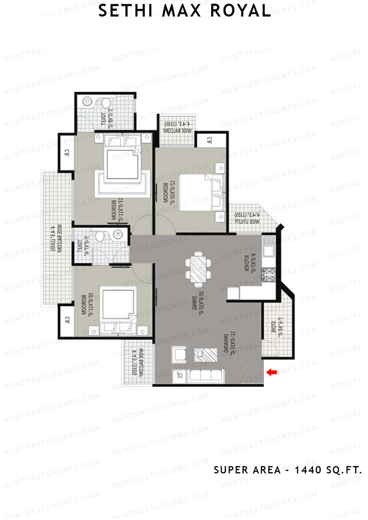 Sethi Max Royal Tower F Unit 3 (Type II-3BHK) Floor Plan