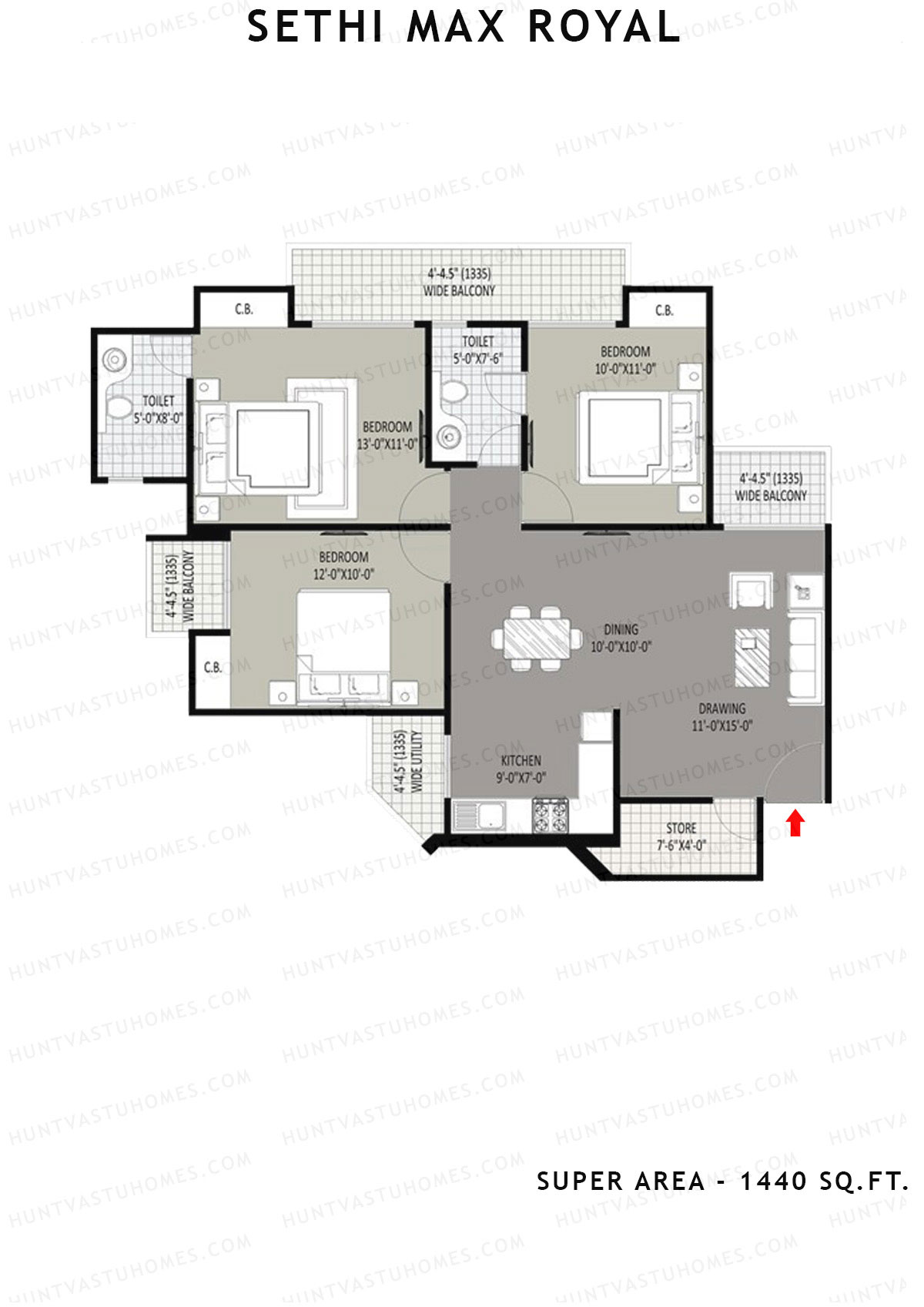 Sethi Max Royal Tower F Unit 4 (Type II-3BHK) Floor Plan