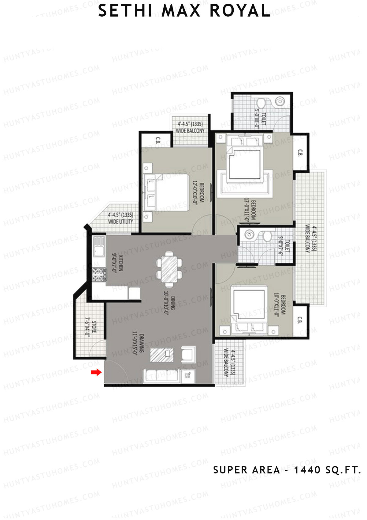 Sethi Max Royal Tower G Unit 4 (Type II-3BHK) Floor Plan
