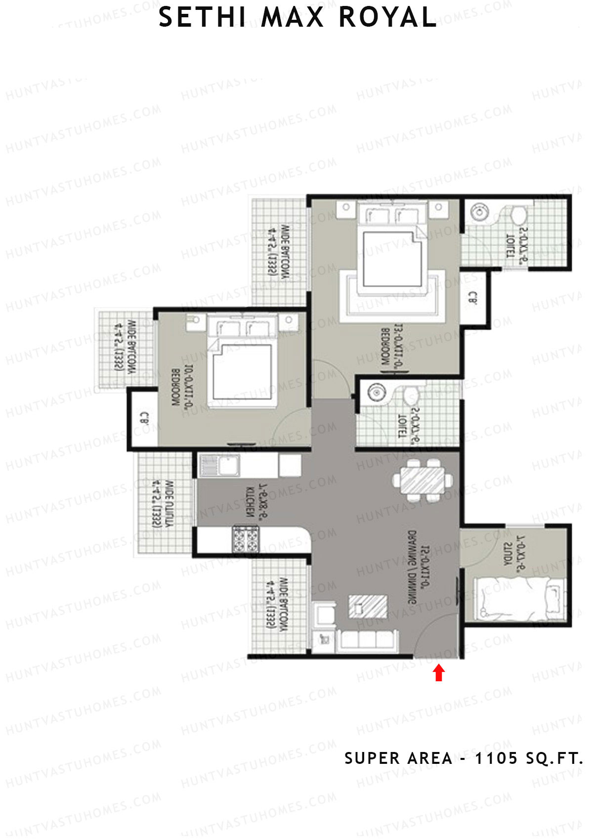 Sethi Max Royal Tower H Unit 1 (Type II-2BHK) Floor Plan