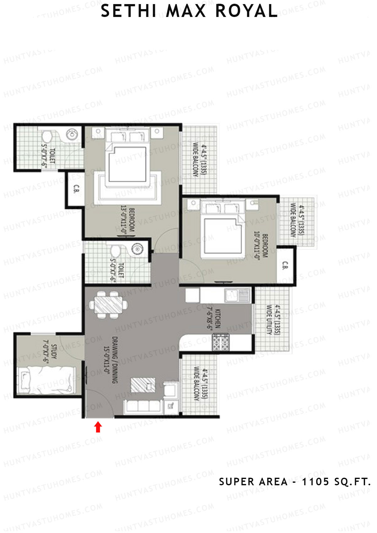 Sethi Max Royal Tower H Unit 2 (Type II-2BHK) Floor Plan