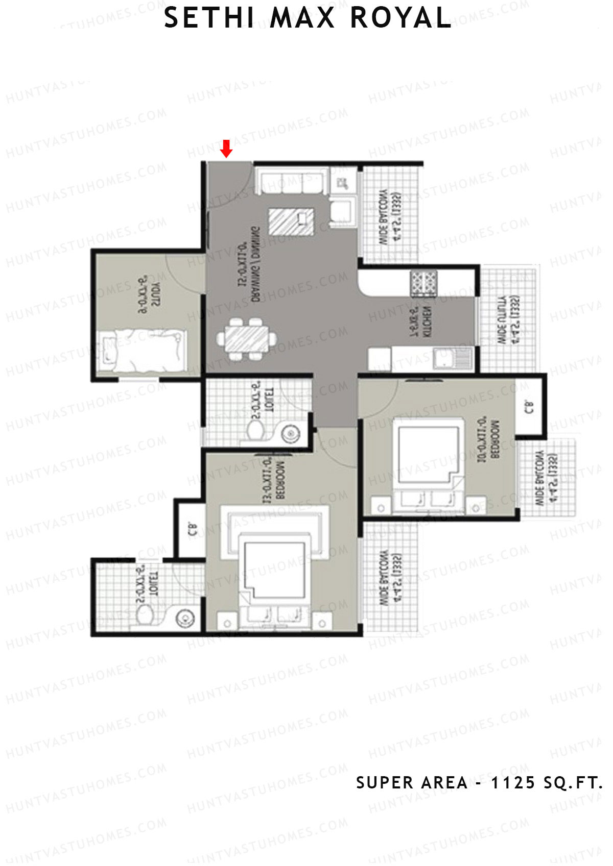 Sethi Max Royal Tower H Unit 3 (Type III-2BHK) Floor Plan