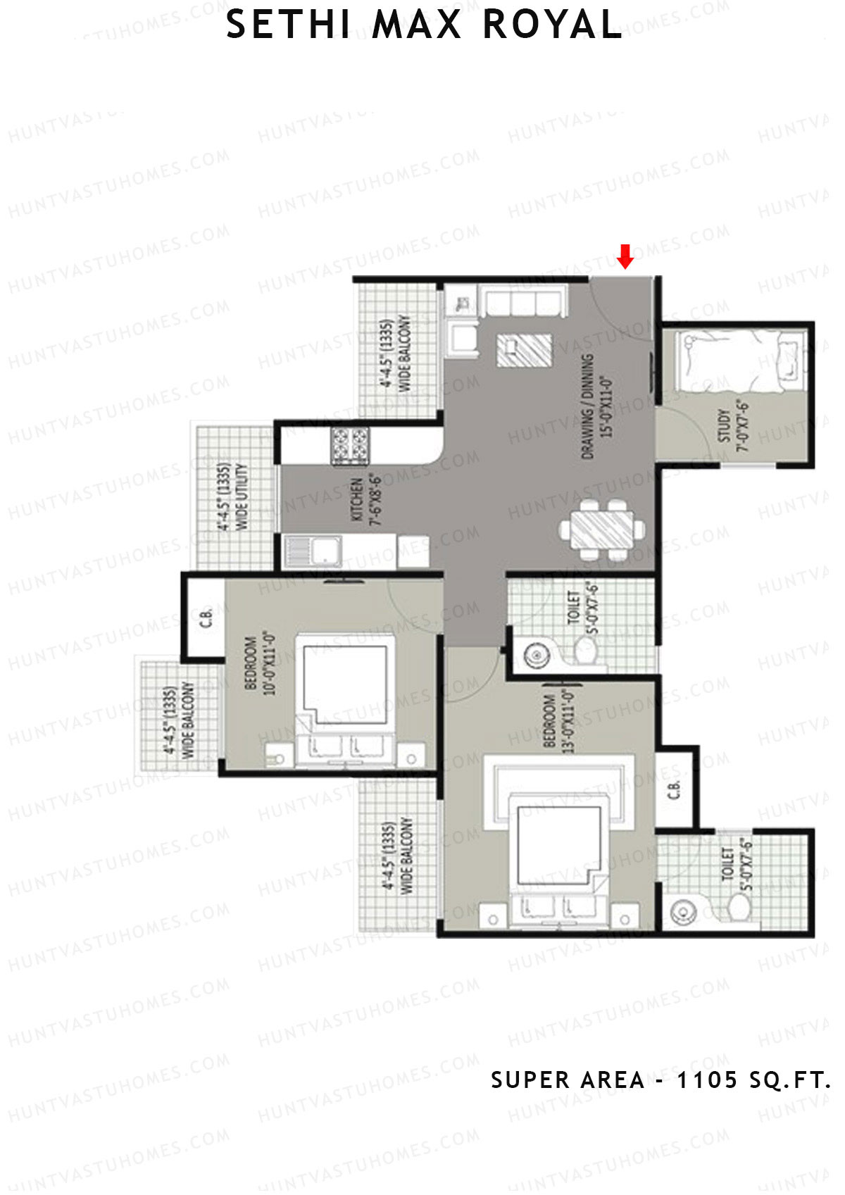 Sethi Max Royal Tower H Unit 4 (Type II-2BHK) Floor Plan