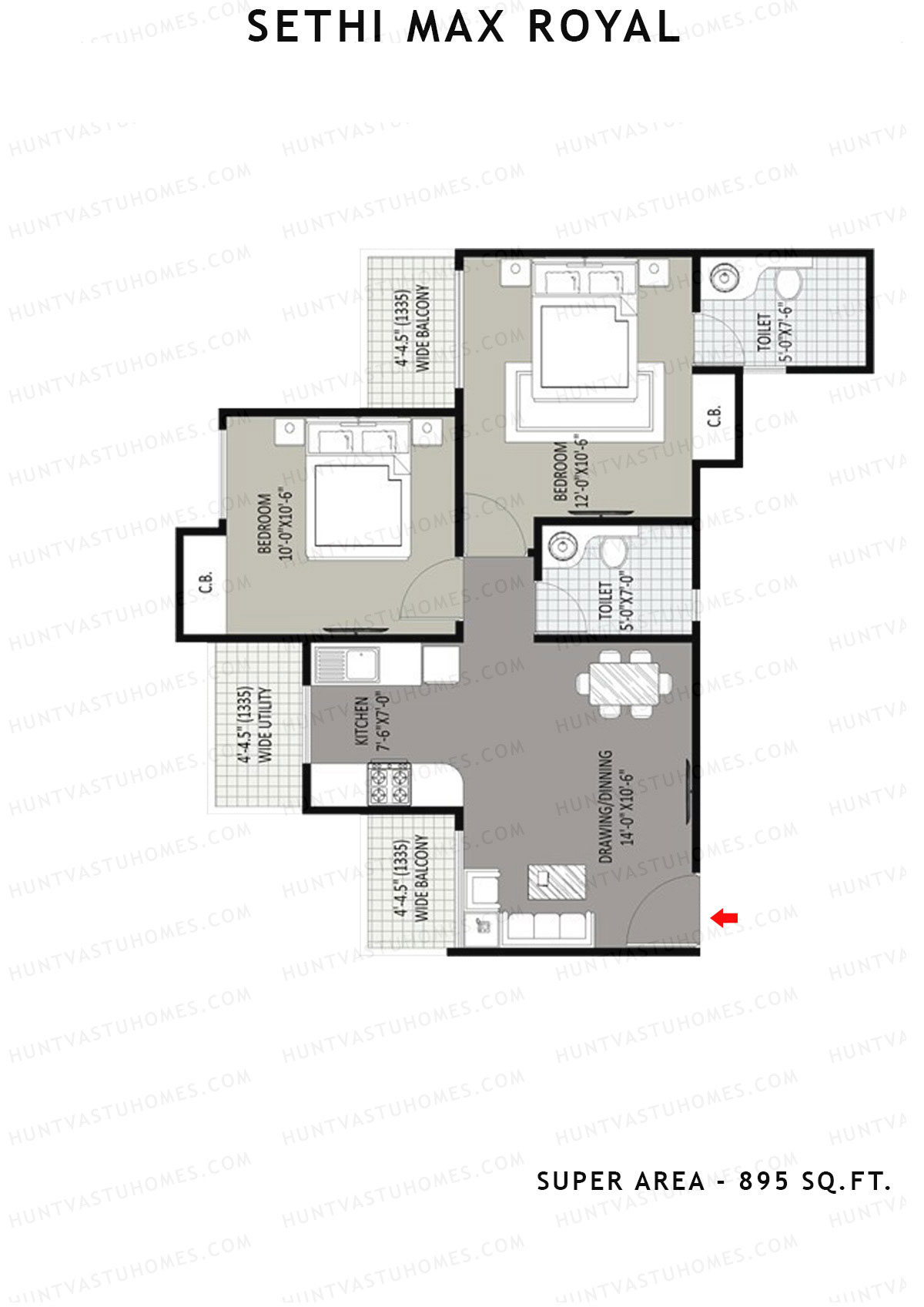 Sethi Max Royal Tower I Unit 1 (Type I-2BHK) Floor Plan