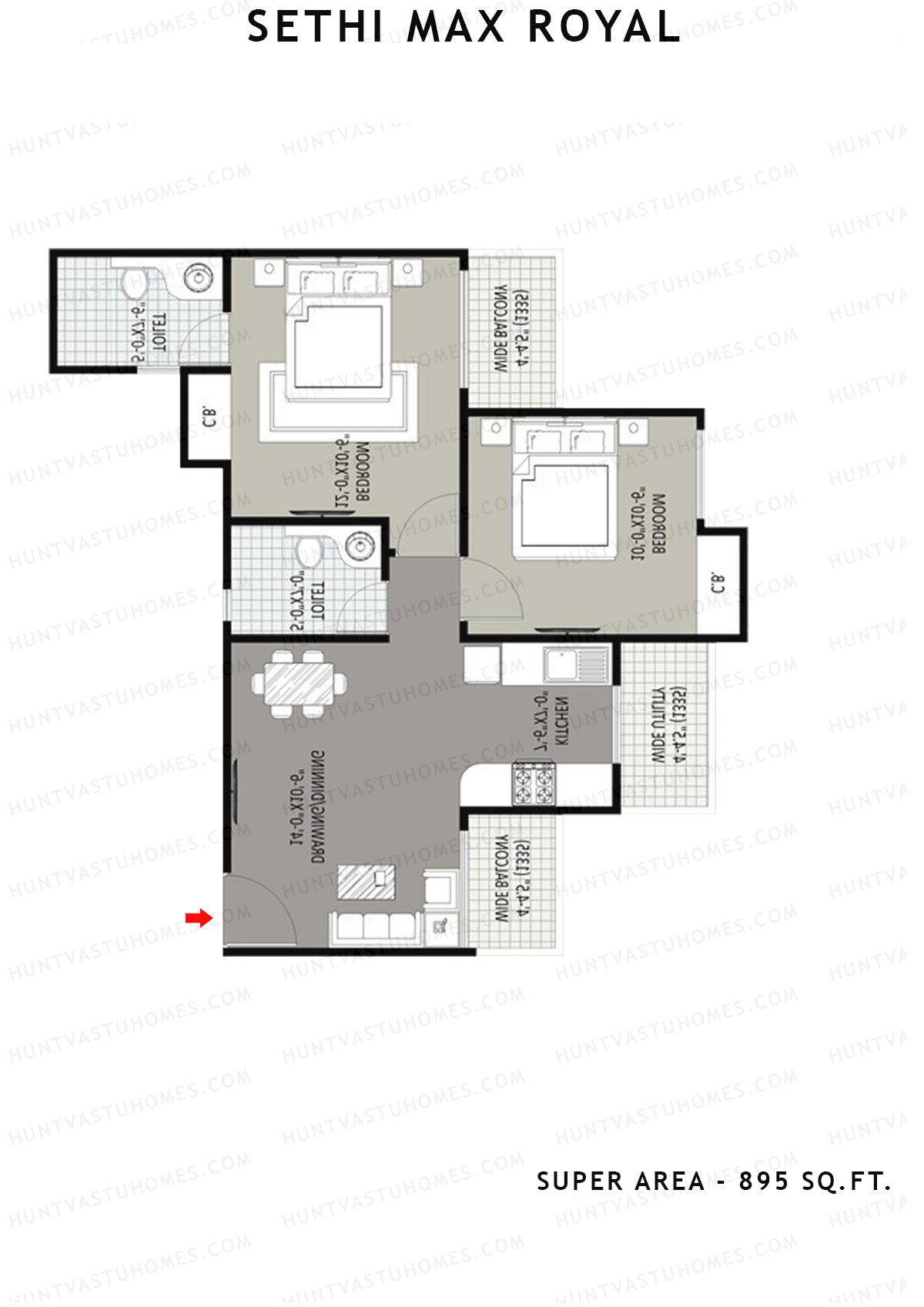 Sethi Max Royal Tower I Unit 2 (Type I-2BHK) Floor Plan