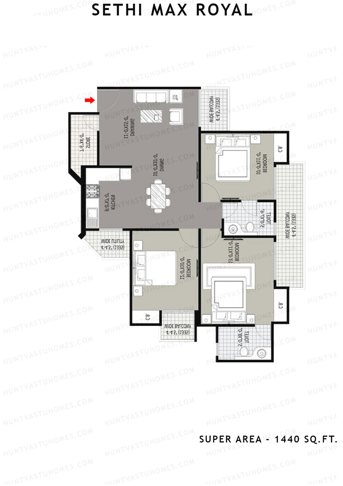 Sethi Max Royal Tower I Unit 3 (Type II-3BHK) Floor Plan