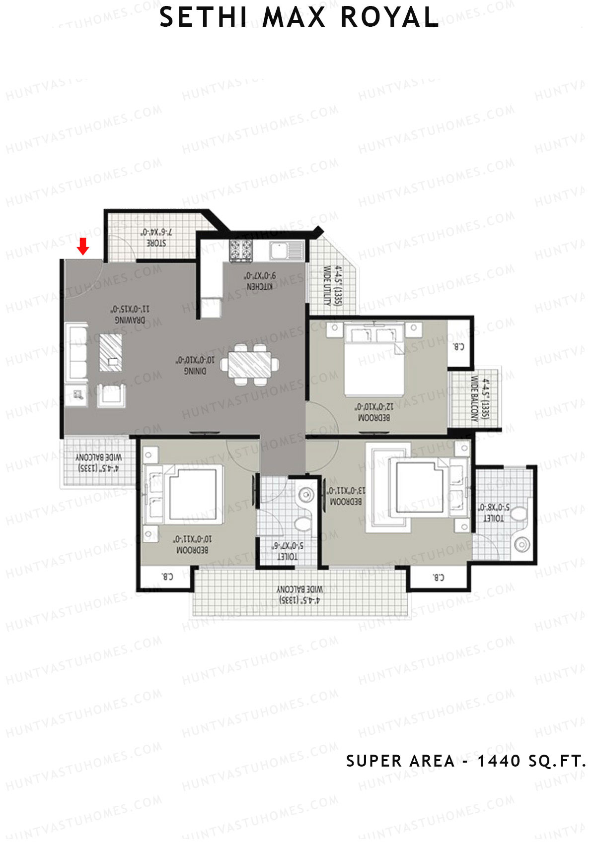 Sethi Max Royal Tower I Unit 4 (Type II-3BHK) Floor Plan
